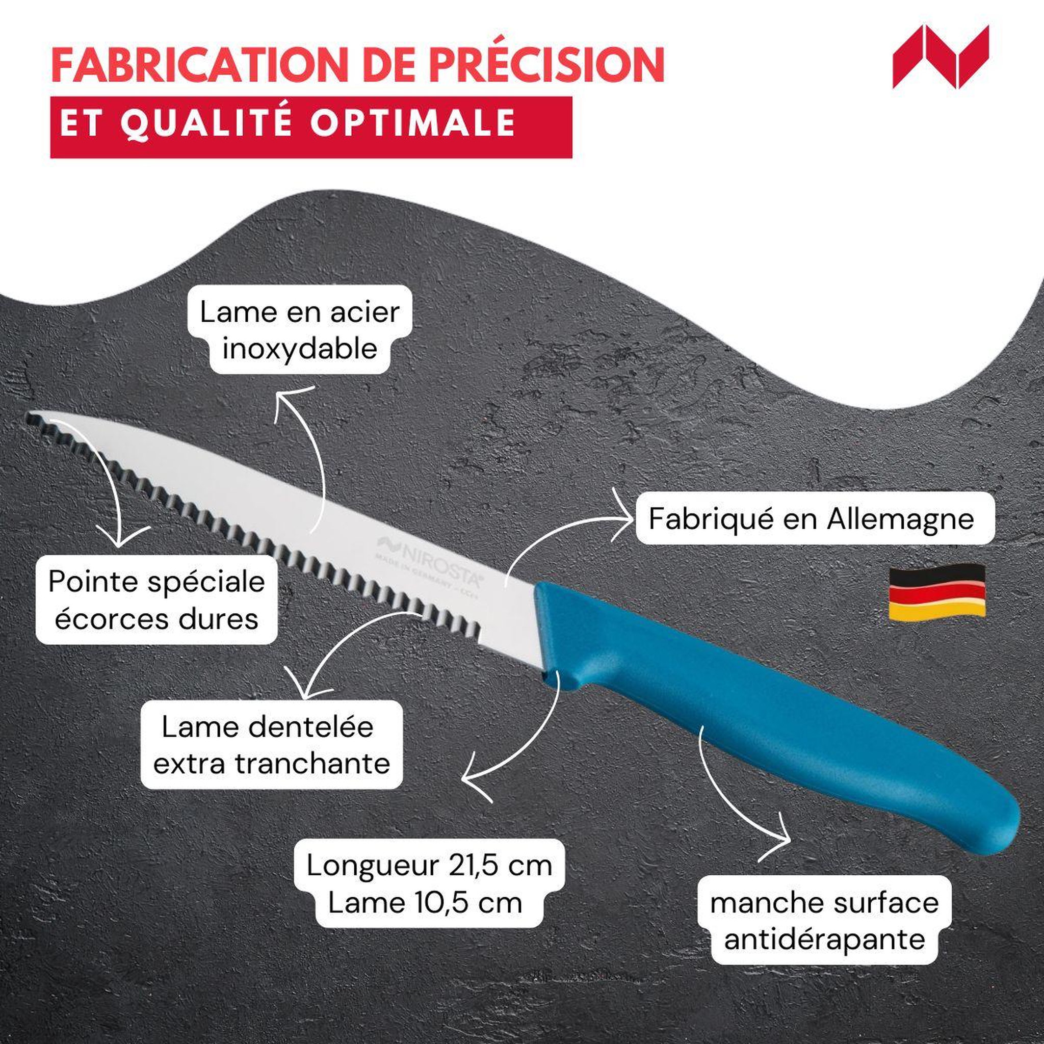 Voir la diapositive 3 : NIROSTA Couteau de cuisine lame crantée 21,5 cm Nirosta Elemental