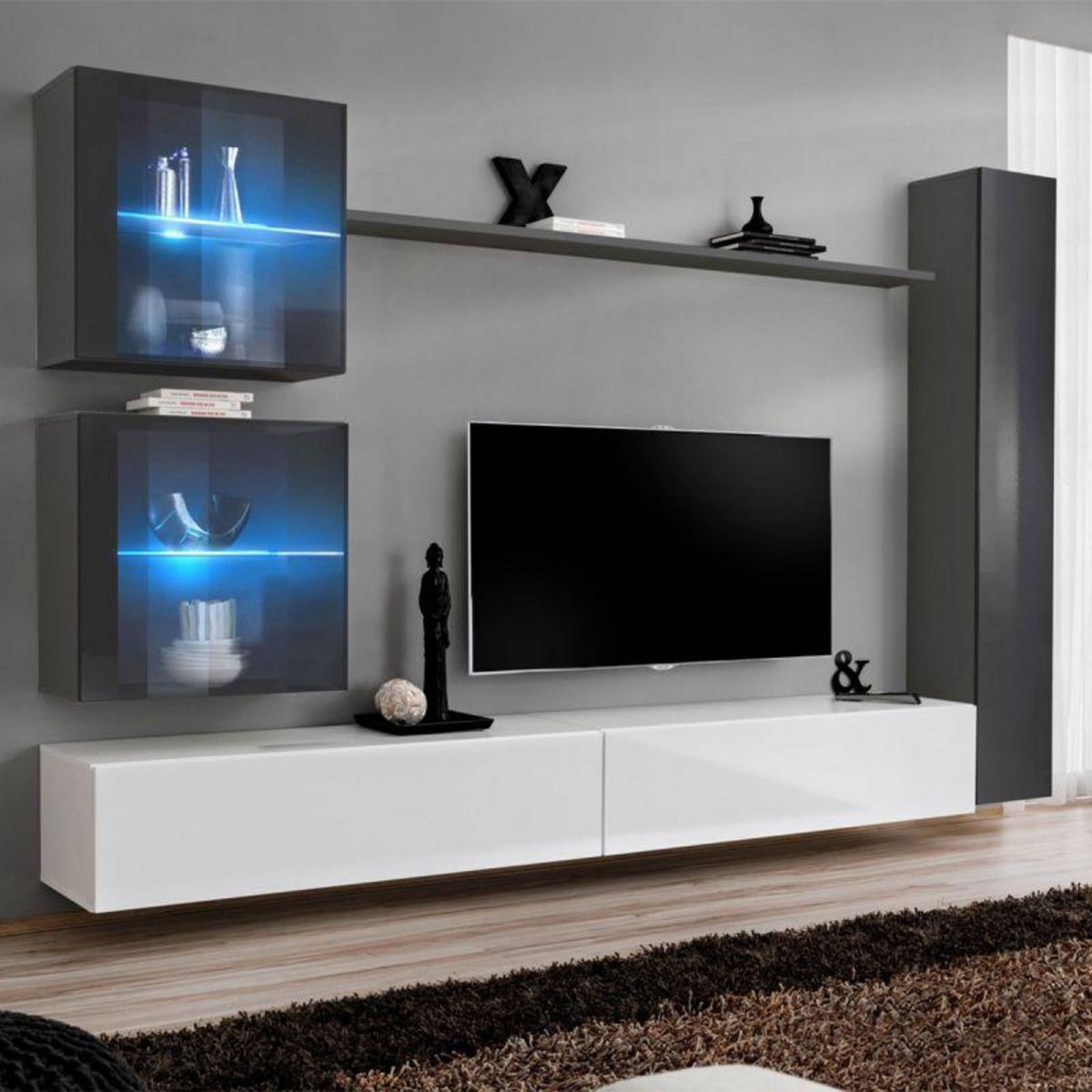 Paris Prix Meuble TV Mural Design  Switch XVIII  280cm Blanc & Gris