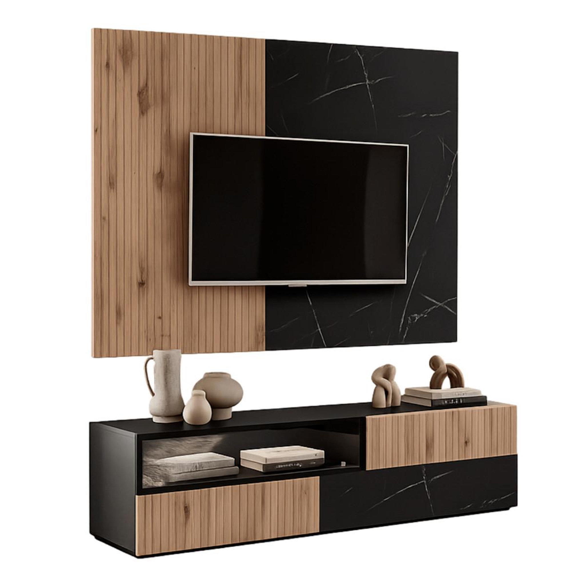 Paris Prix Ensemble meuble tv mural  cannes i  180cm noir & naturel