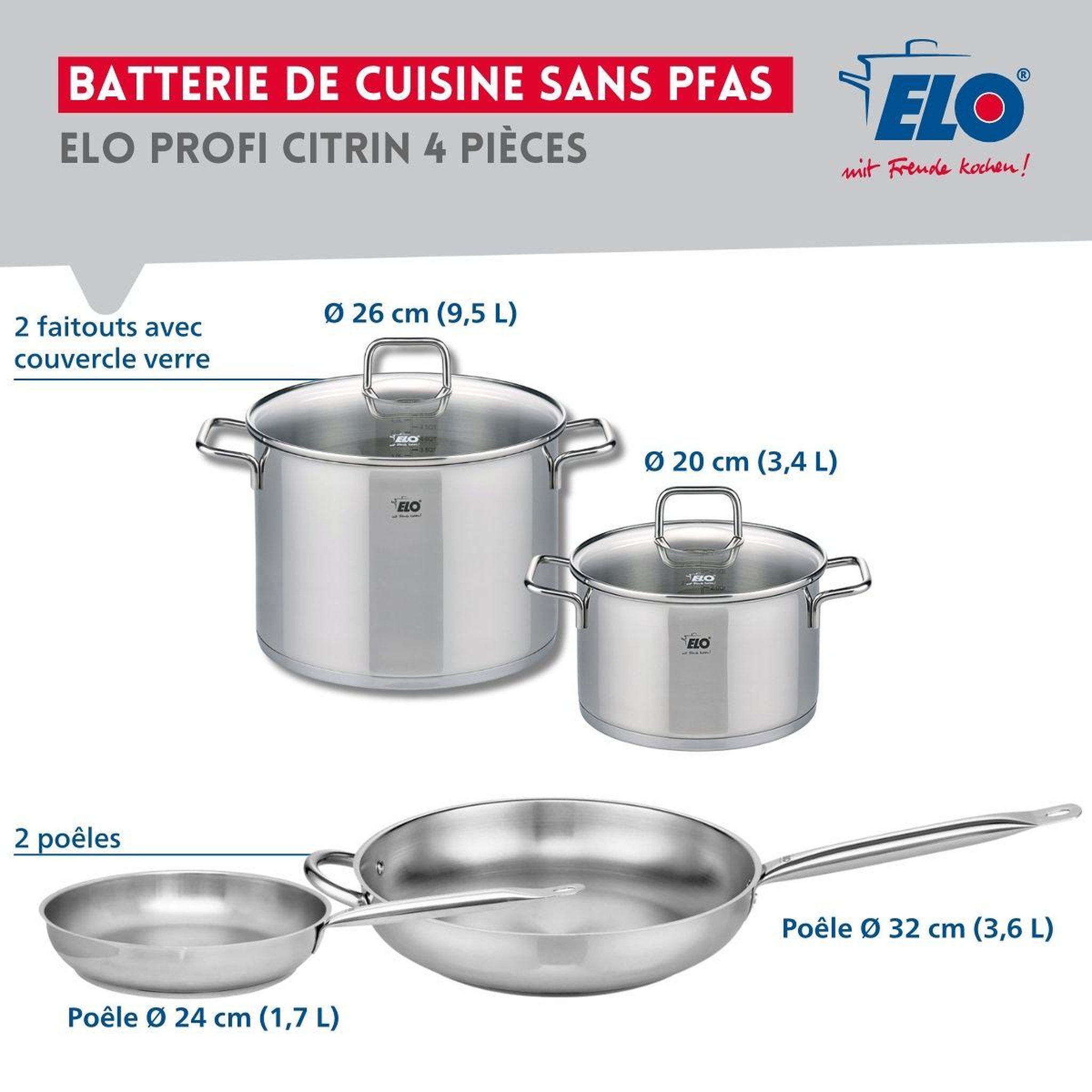 Voir la diapositive 2 : ELO Ensemble de 2 poêles de cuisson 24 et 32 cm et 2 faitouts 20 et 26 cm elo profi citrin