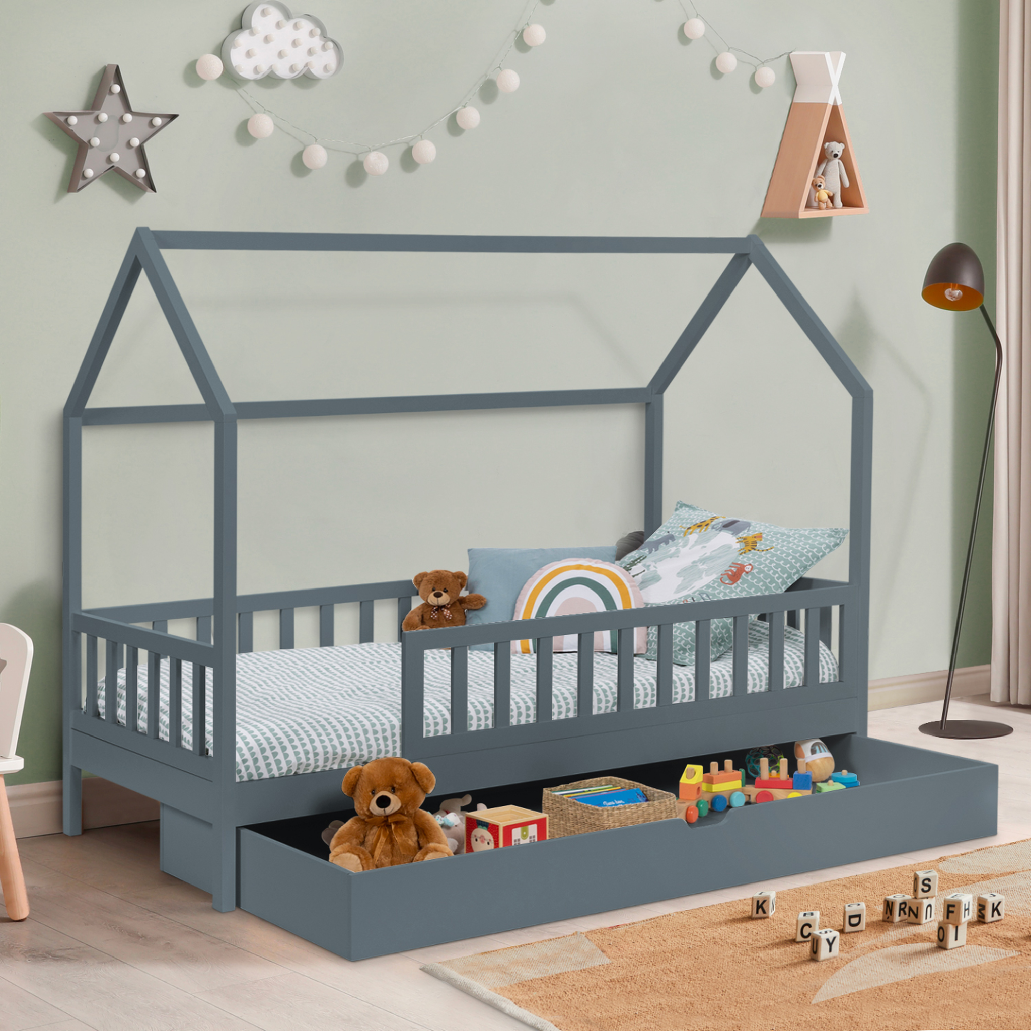 Voir la diapositive 2 : ID MARKET Lit cabane enfant 80 x 160 cm neree gris avec 1 tiroir gigogne et de rangement