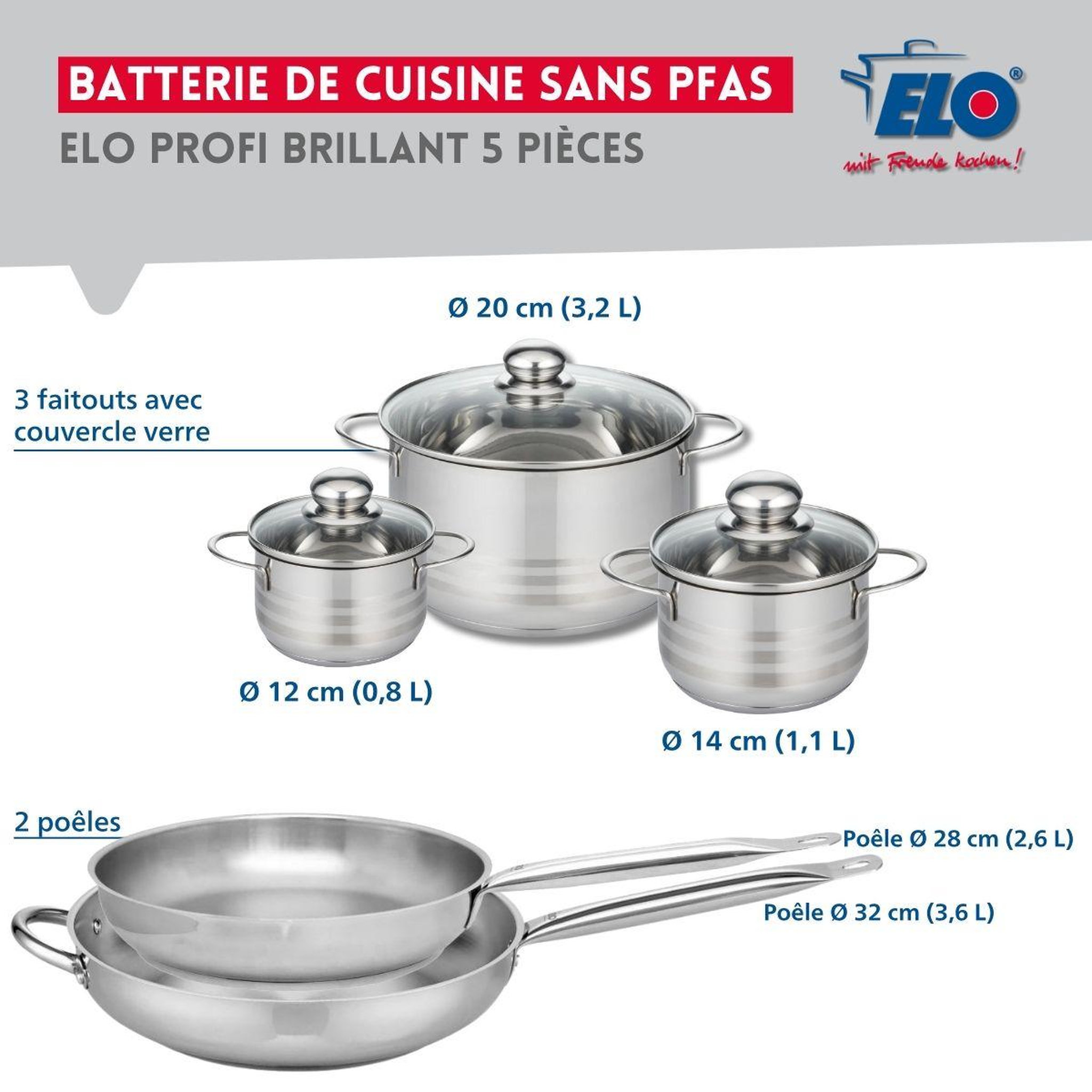 Voir la diapositive 2 : ELO Ensemble de 2 poêles de cuisson 28 et 32 cm et 3 faitouts 12, 14 et 20 cm elo profi brillant