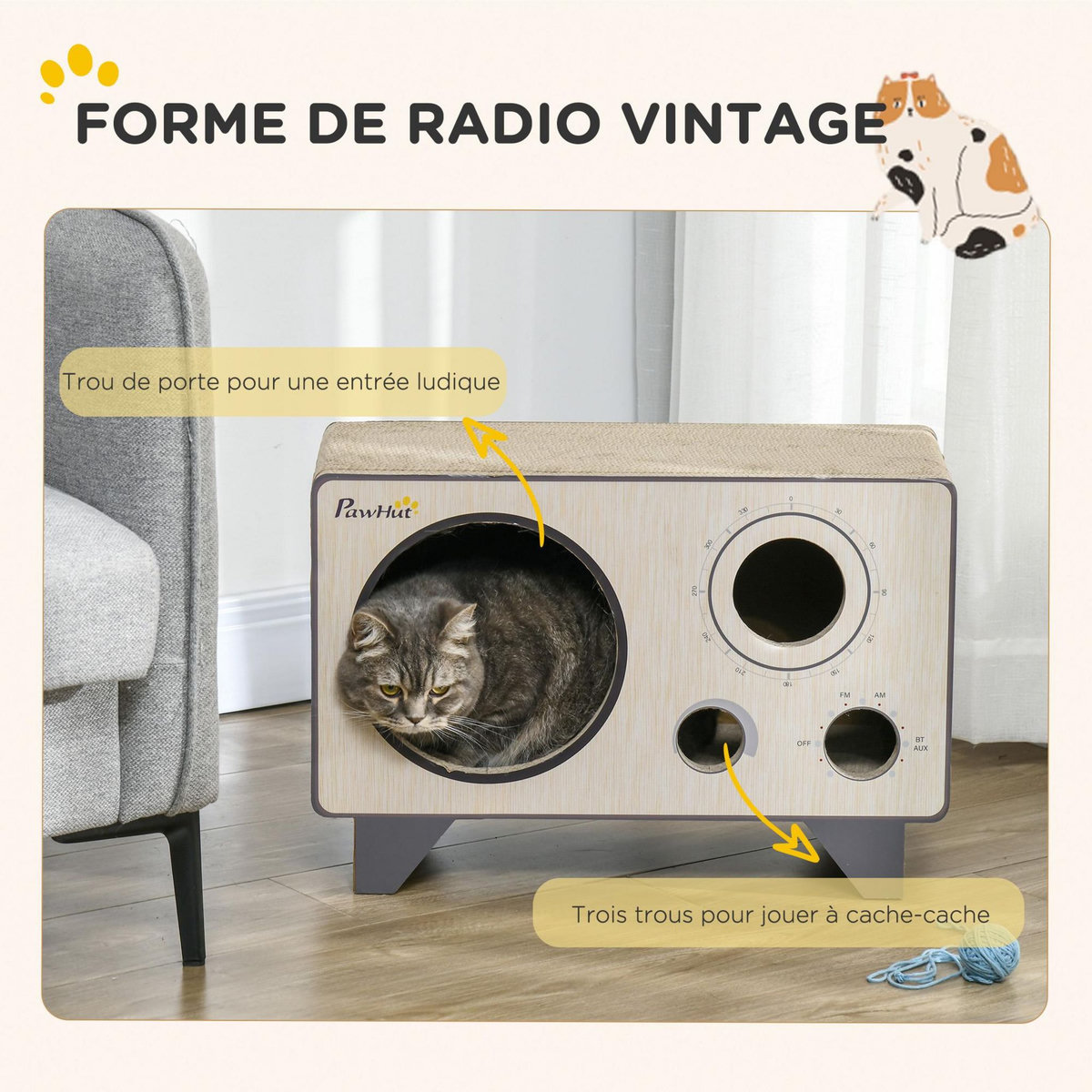 PAWHUT Niche grattoir pour chat 2 en 1 - design radio transistor vintage - carton ondulé