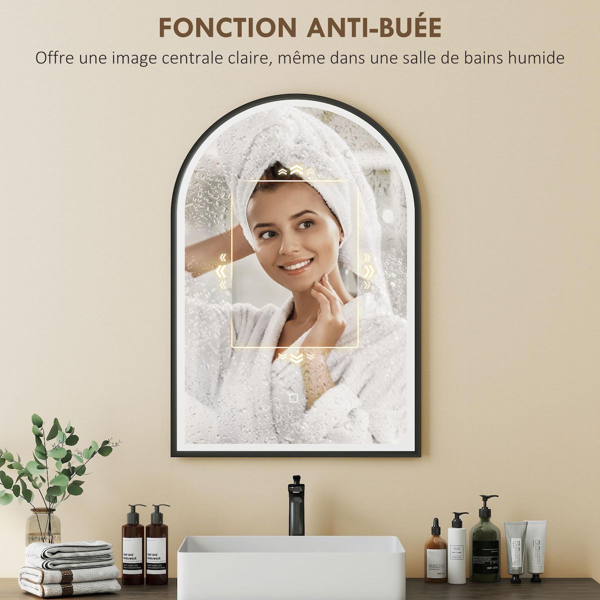 HOMCOM Miroir salle de bain LED design arche 50 x 70 cm anti-buée dimmable tactile réglable verre trempé alu noir