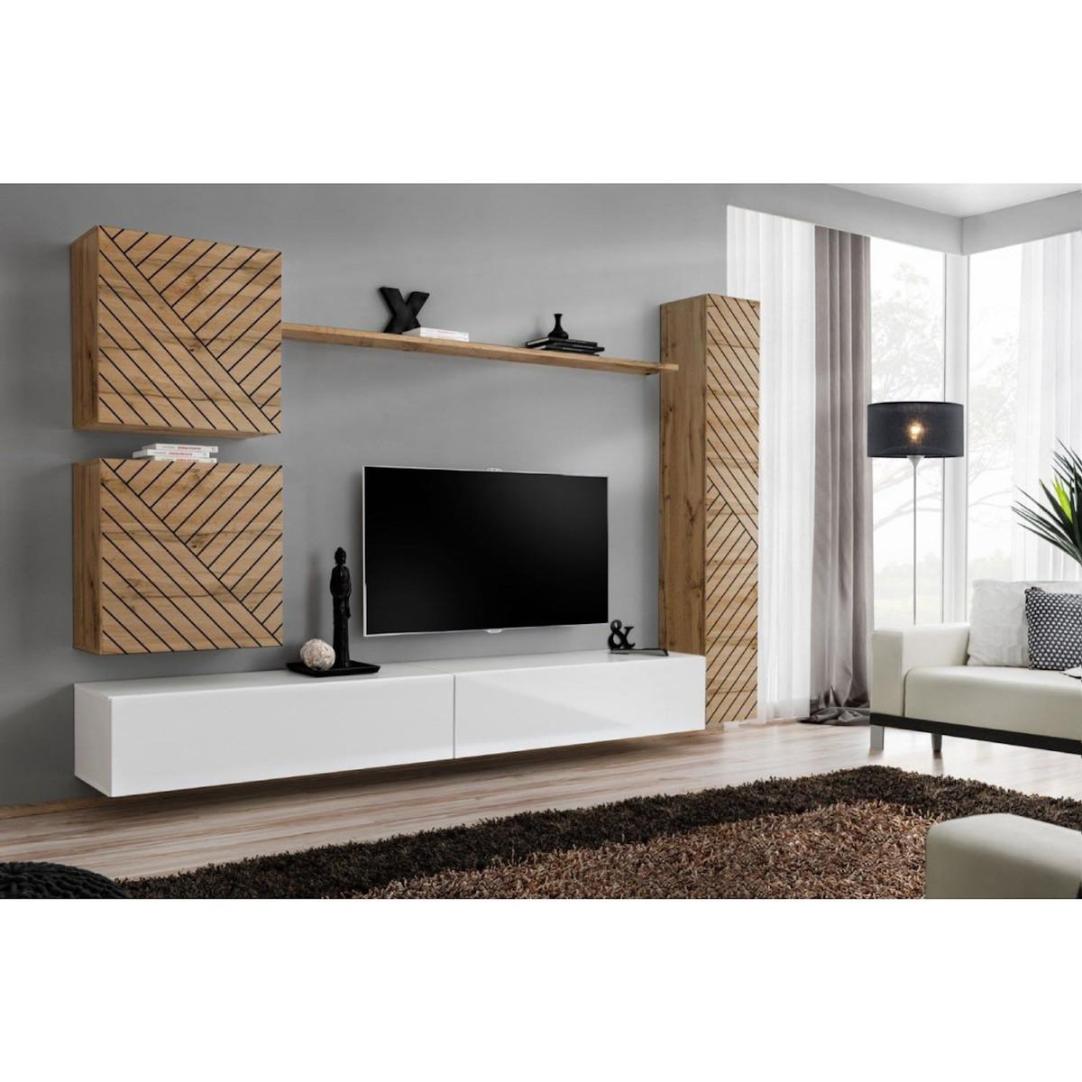 Paris Prix Ensemble Meuble TV  Switch Lamel VIII  280cm Blanc & Naturel