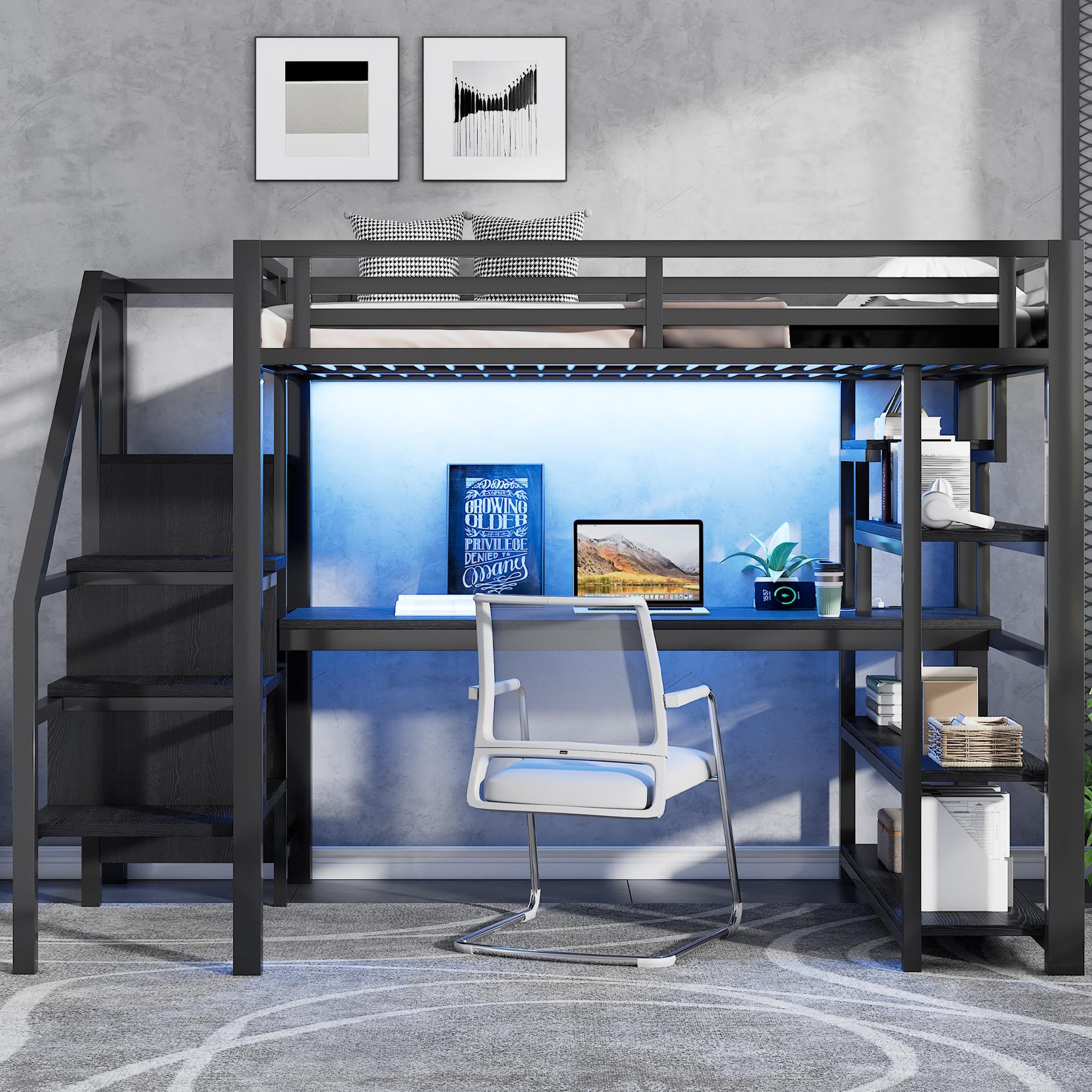 Voir la diapositive 2 : MERAX Lit mezzanine 140x200 cm coloris noir led métal