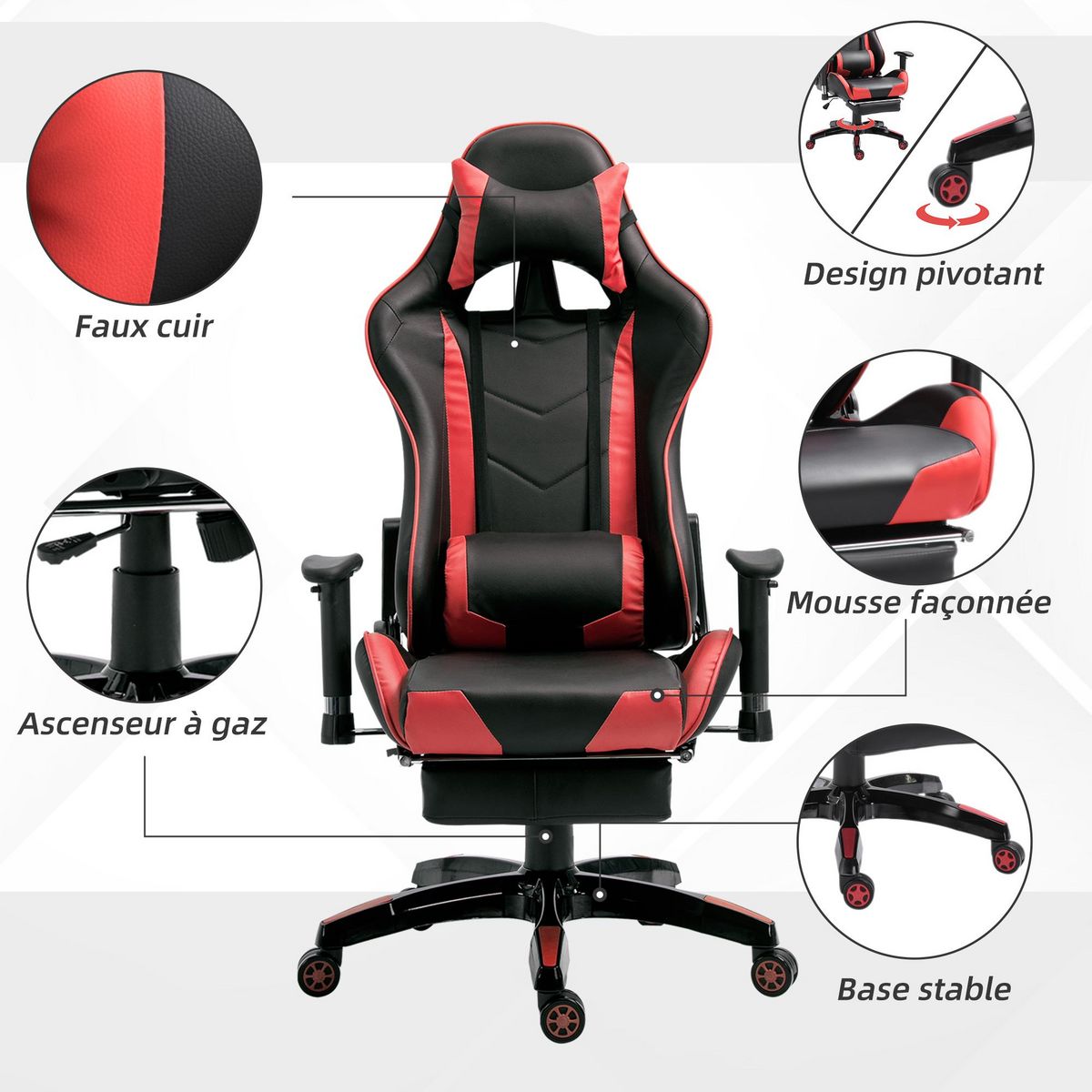 HOMCOM Chaise de bureau gaming style baquet racing pivotant inclinable réglable avec coussins repose-pieds synthétique noir rouge