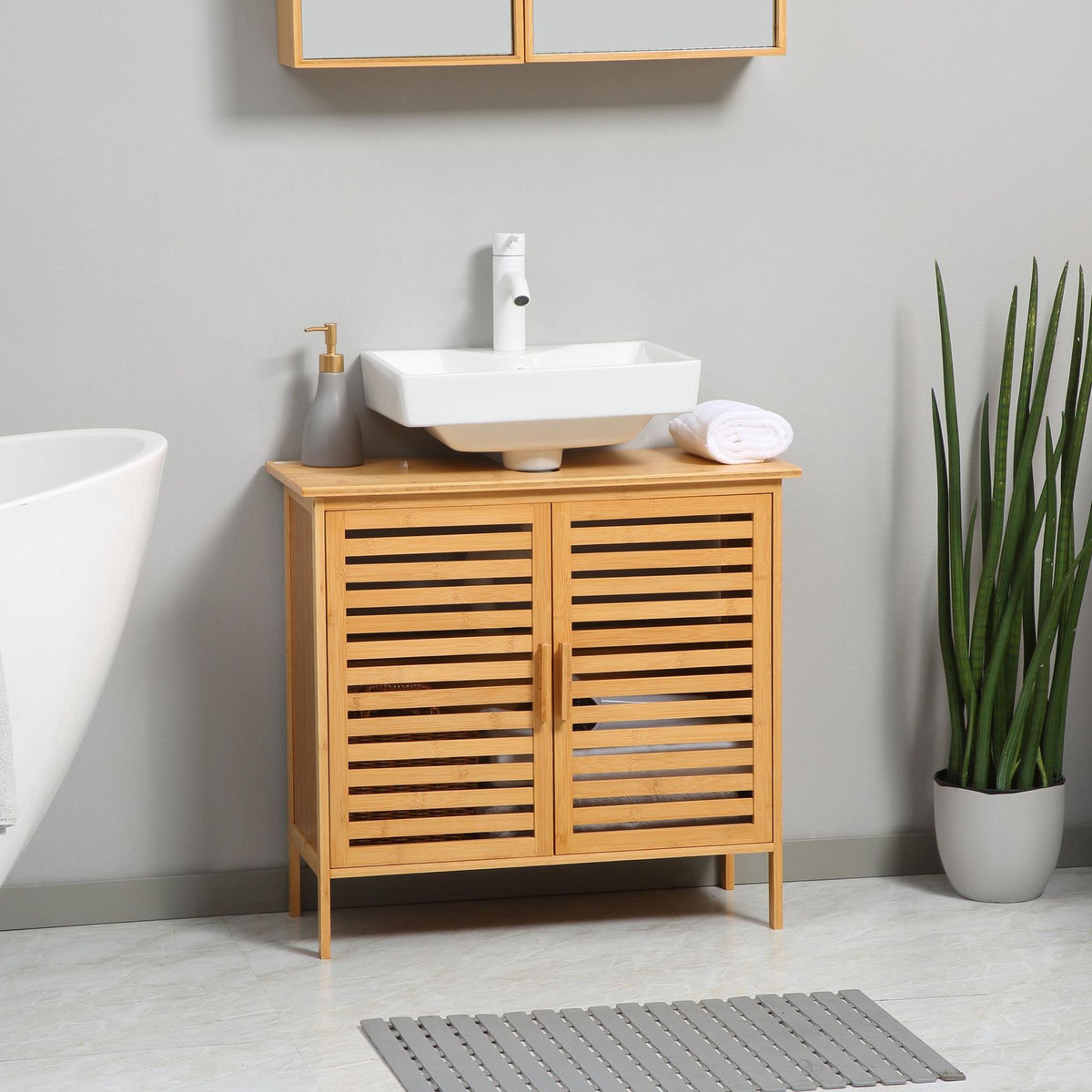 KLEANKIN Meuble sous-vasque 2 portes à lattes - dim. 66L x 29l x 61,5H cm - bois de bambou verni