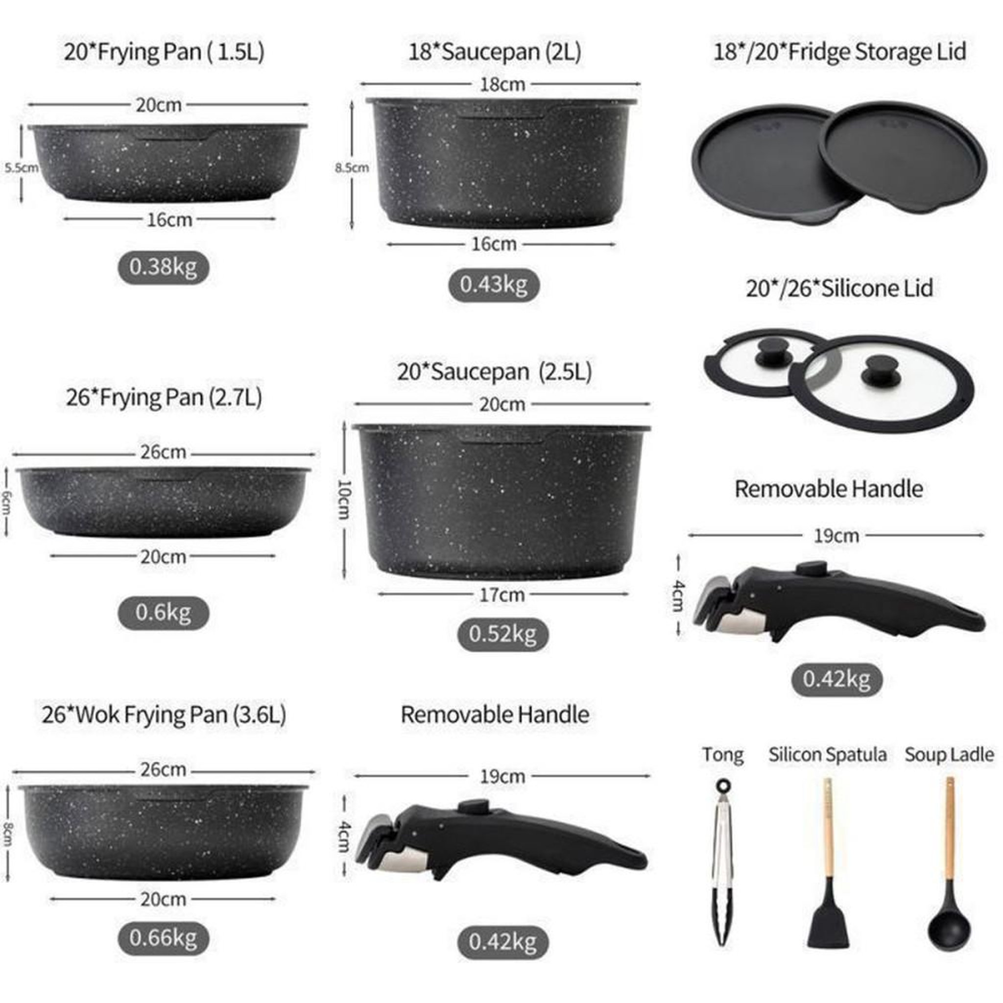 Voir la diapositive 2 : Coffret batterie de cuisine 14 pièces effet pierre noir, revêtement antiadhésif, poignées amovibles, couvercles silicone et conservation, compatible induction et four jusqu'à 250°C