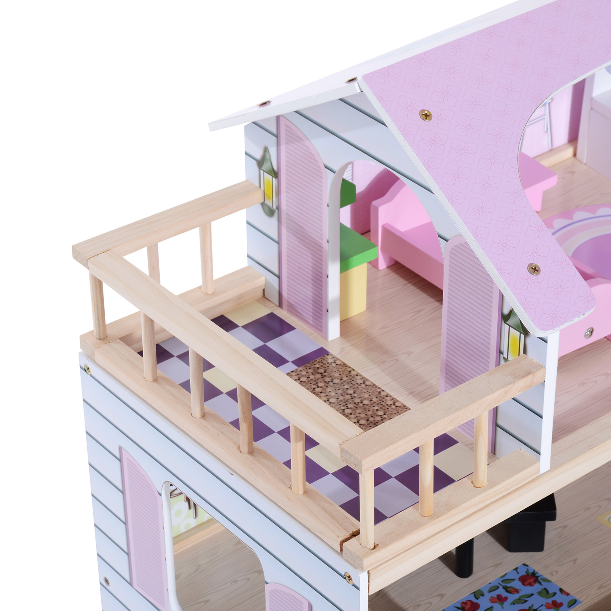 Voir la diapositive 6 : HOMCOM Maison de poupée en bois jeu d'imitation grand réalisme multi-équipement 60L x 30l x 80H cm blanc et rose