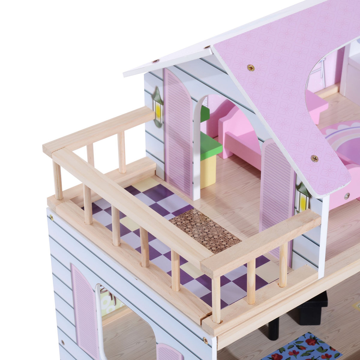 HOMCOM Maison de poupée en bois jeu d'imitation grand réalisme multi-équipement 60L x 30l x 80H cm blanc et rose