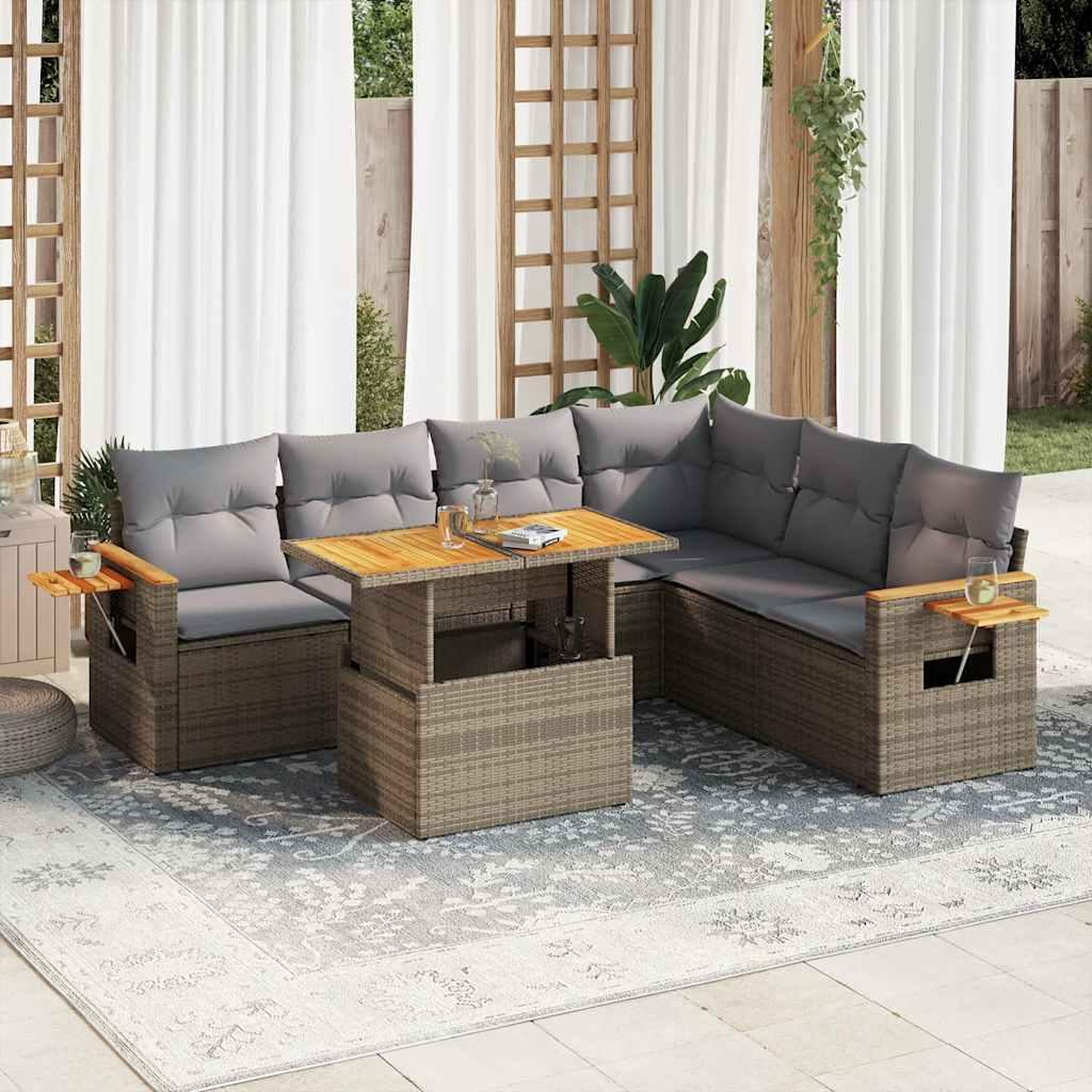 VIDAXL Salon de jardin avec coussins 7 pcs beige resine tressee acacia