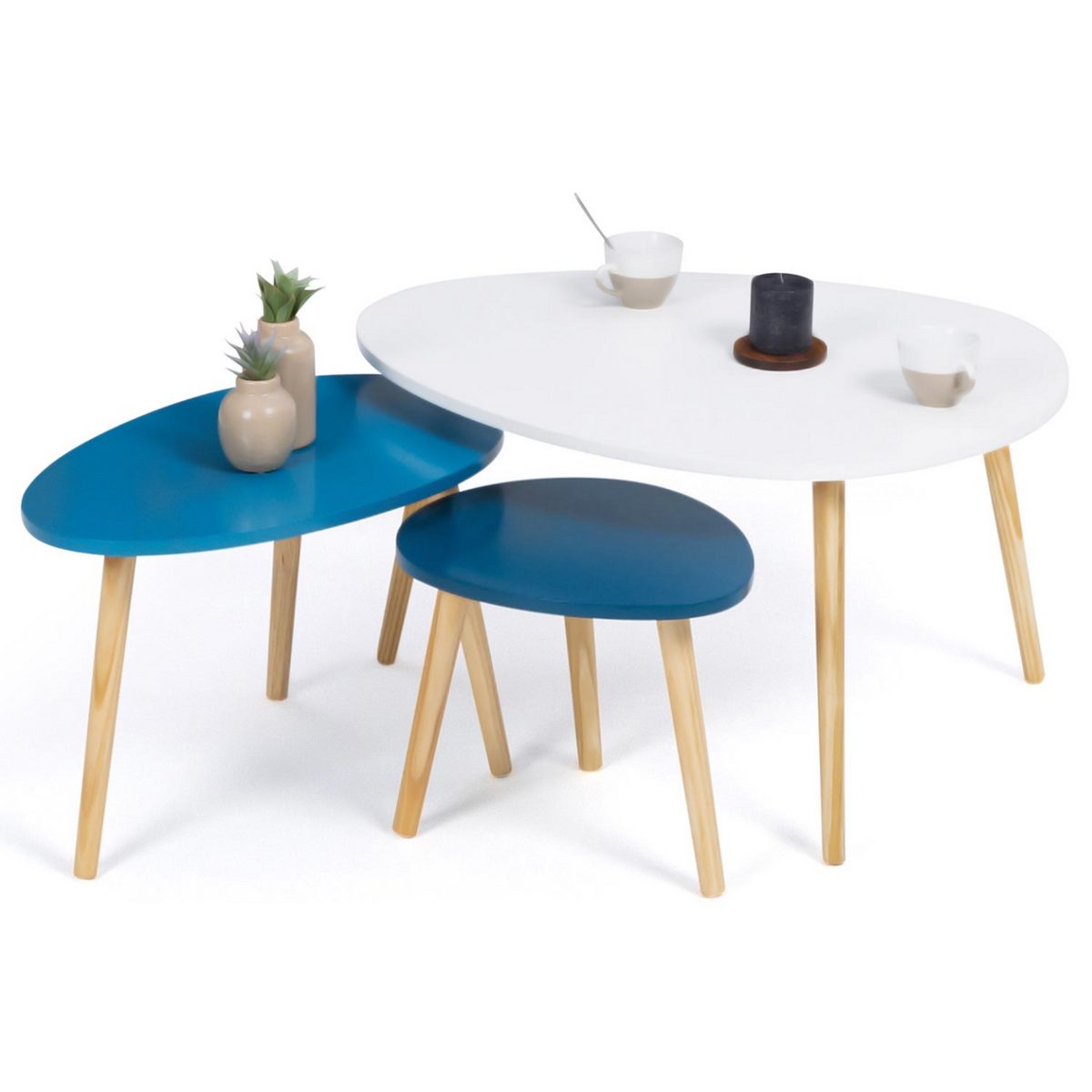 ID MARKET Lot de 3 tables basses gigognes GAIA laquées blanc bleu scandinave