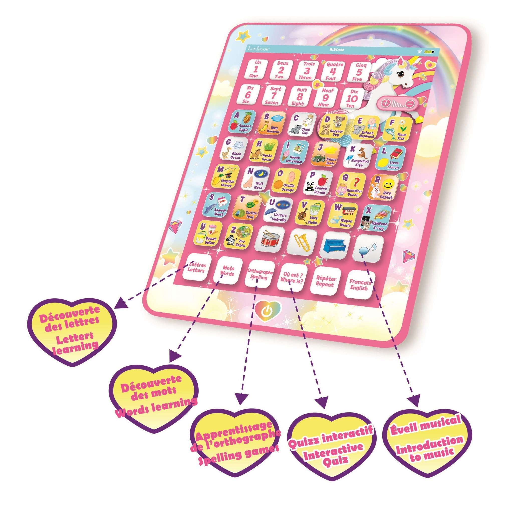 Voir la diapositive 3 : Lexibook Tablette Éducative bilingue Licorne en français et en anglais