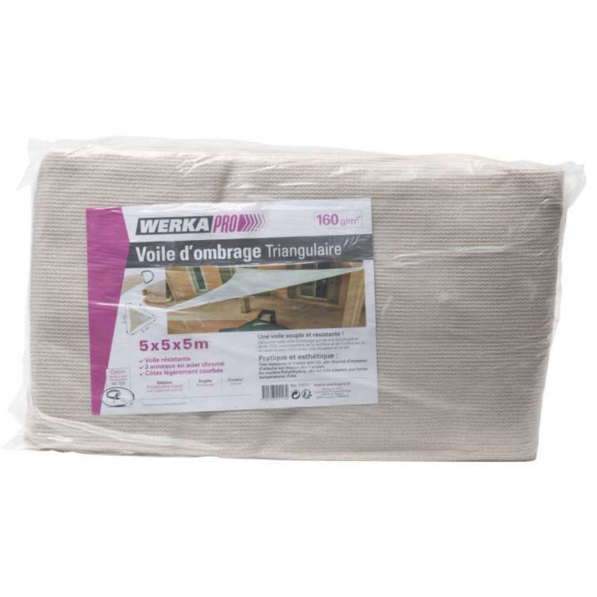  Voile d'ombrage triangulaire crème Werkapro 5 x 5 x 5m