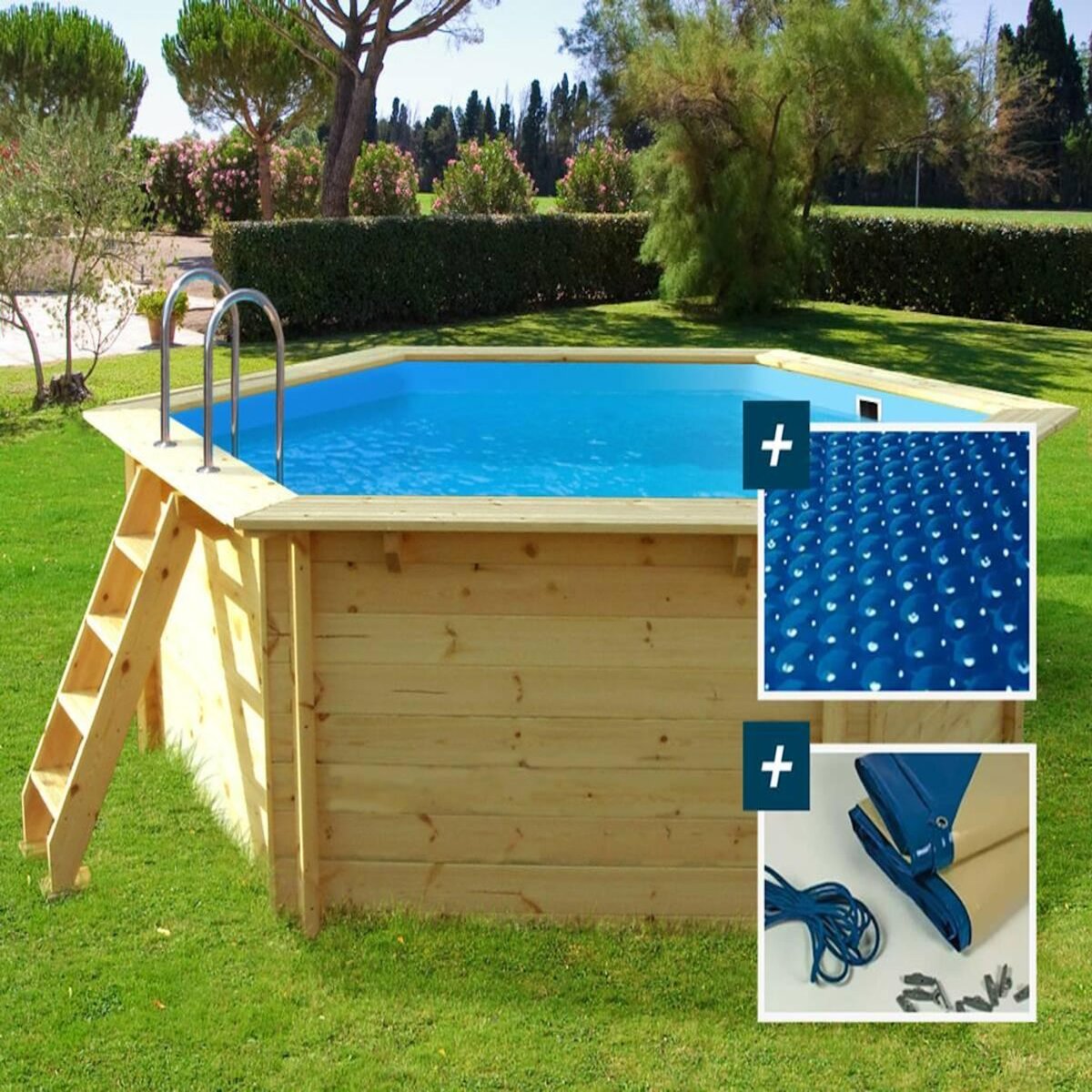 Habitat et Jardin Piscine bois  Hawai  - 4.10 x 1.20 m + Bâche à bulles 180 + Bâche hiver 280 gr/m²
