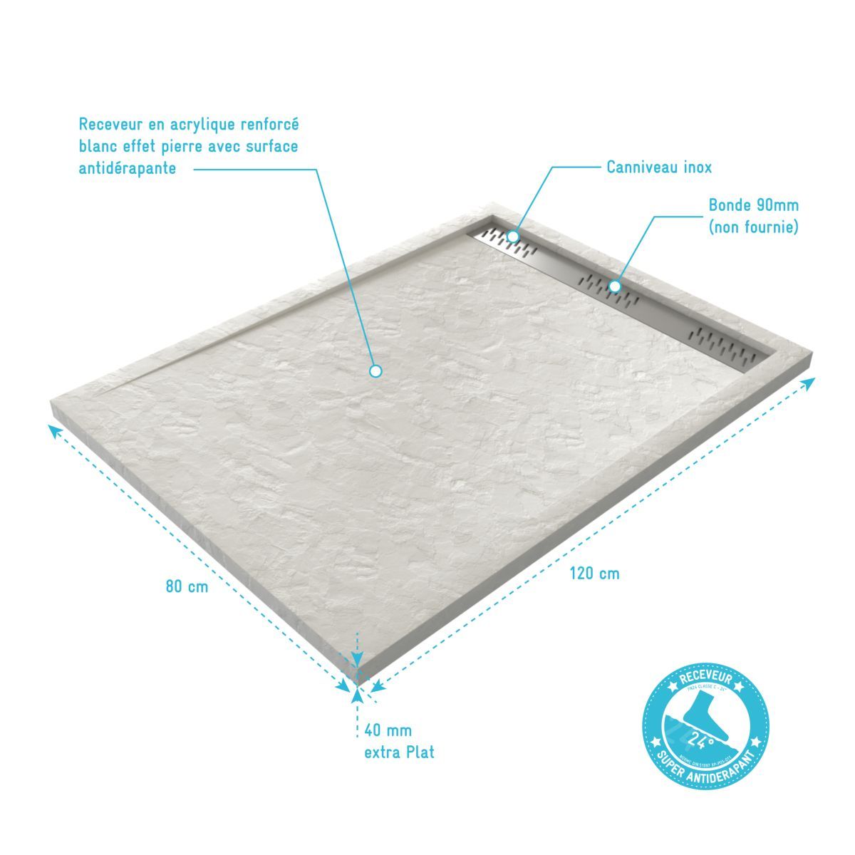 Receveur pour douche à l'italienne extra plat aspect pierre 80x120 cm - PEDRA