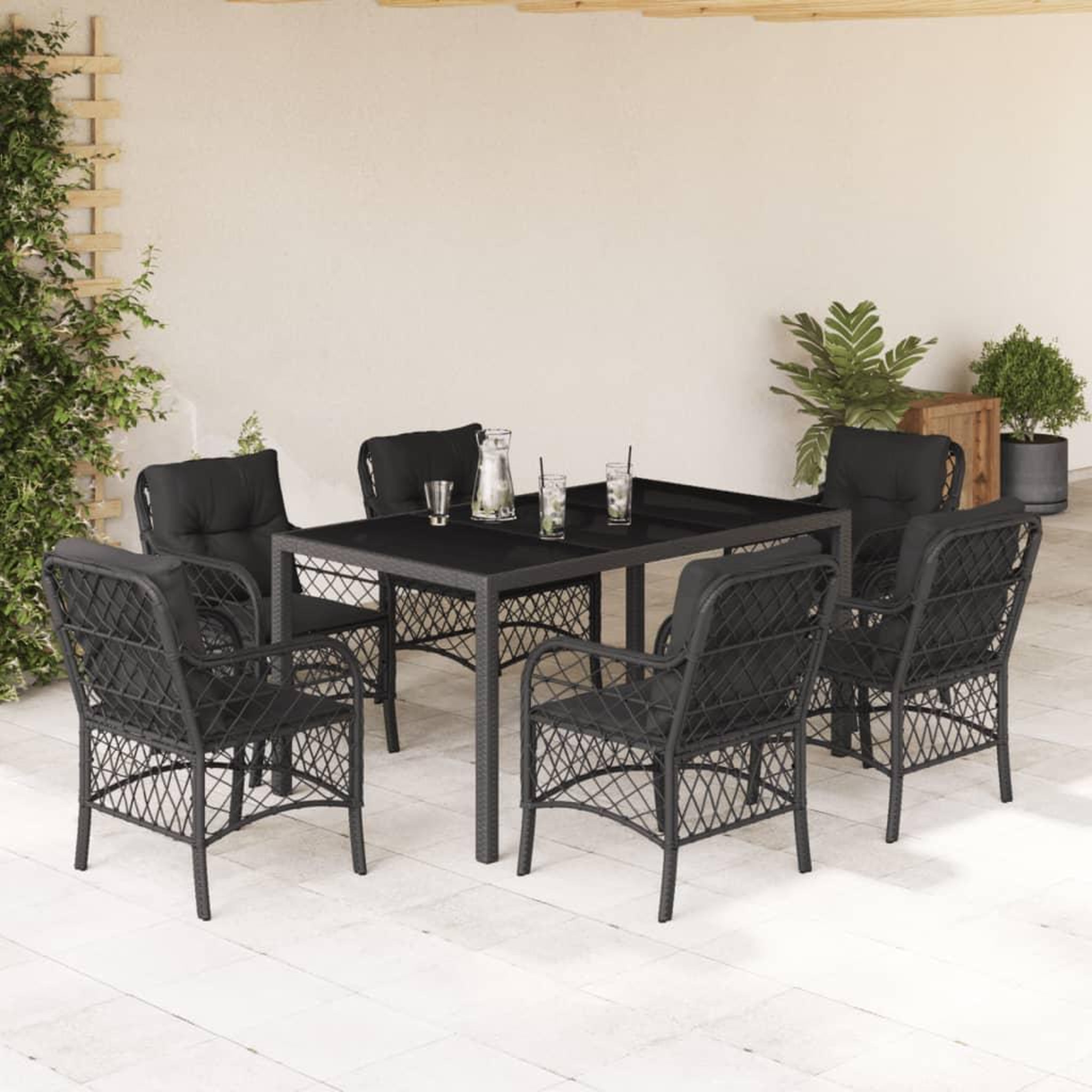 VIDAXL Ensemble a manger de jardin coussins 7pcs Noir Resine tressee