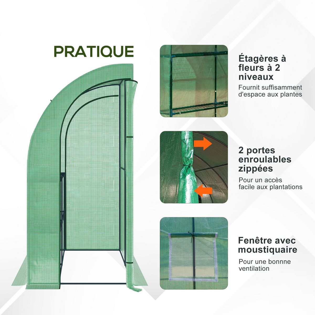 OUTSUNNY Serre de jardin adossée serre adossée dim. 2L x 1l x 2,13H m 4 étagères 2 portes zippées 1 fenêtre acier PE haute densité vert