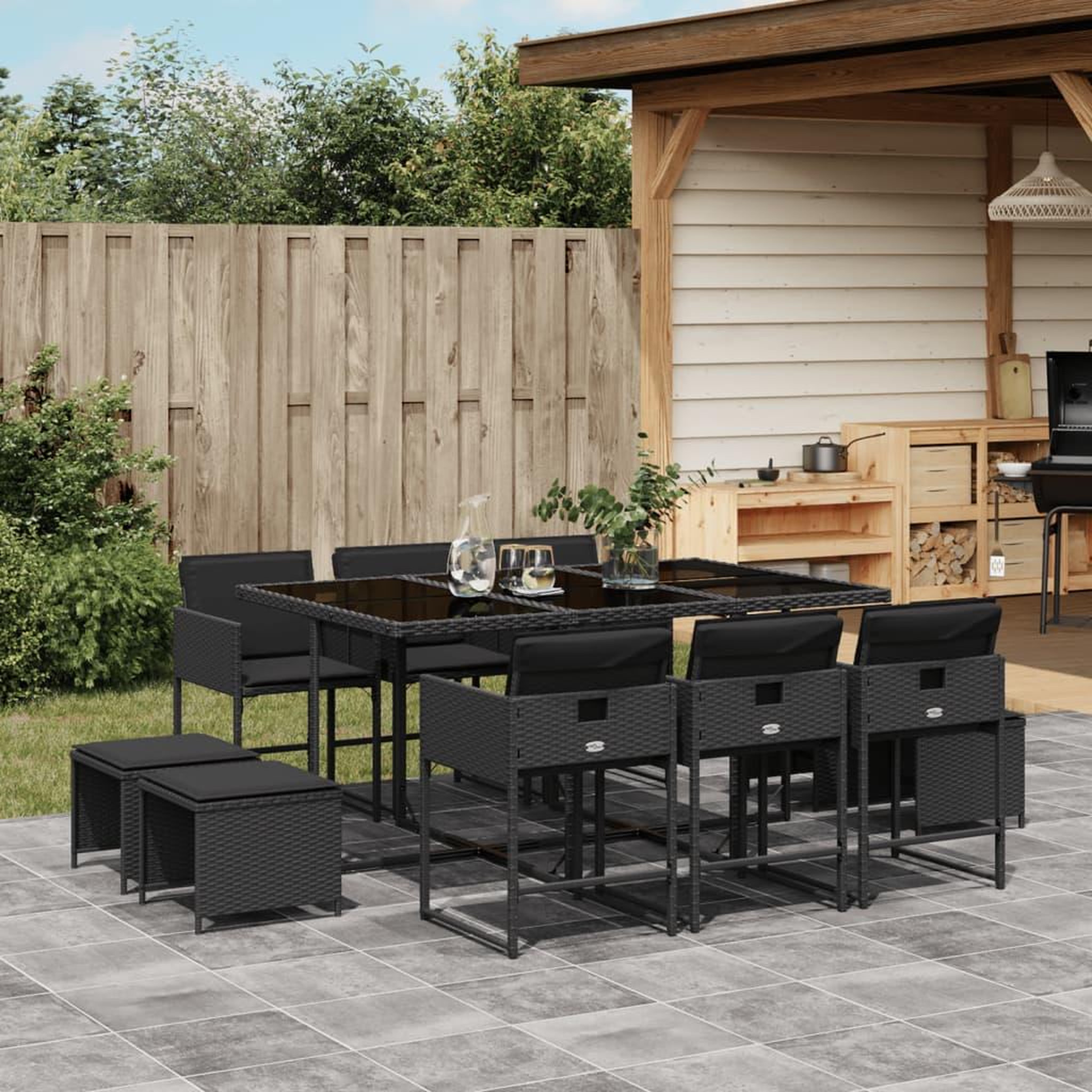 VIDAXL Ensemble a manger de jardin 11 pcs coussins noir resine tressee