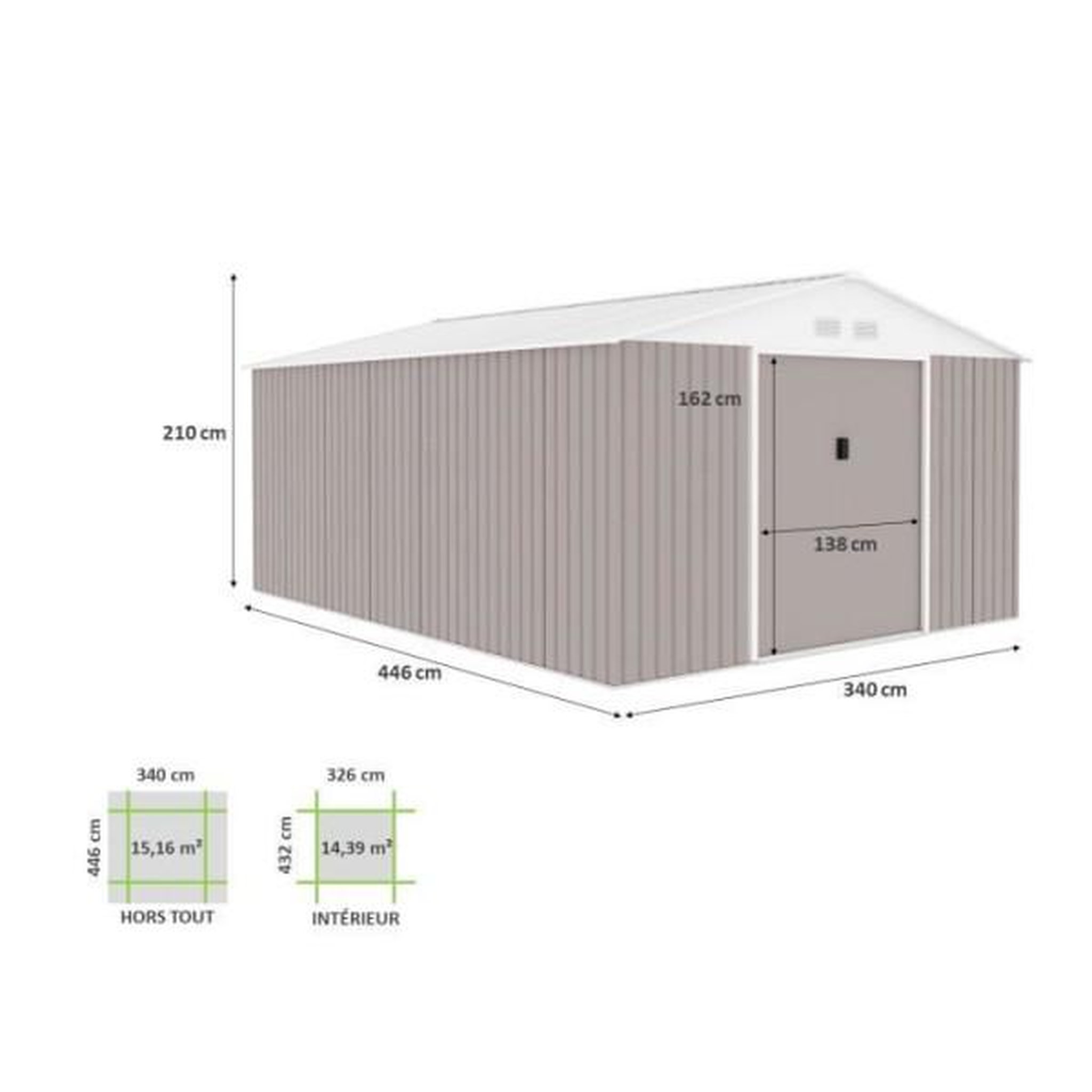 Voir la diapositive 4 : MARKET24 SATURNE Abri de jardin en métal 15,16 m² - 340 x 446 x 210 - Kit d'ancrage inclus, 2 portes coulissantes - Taupe