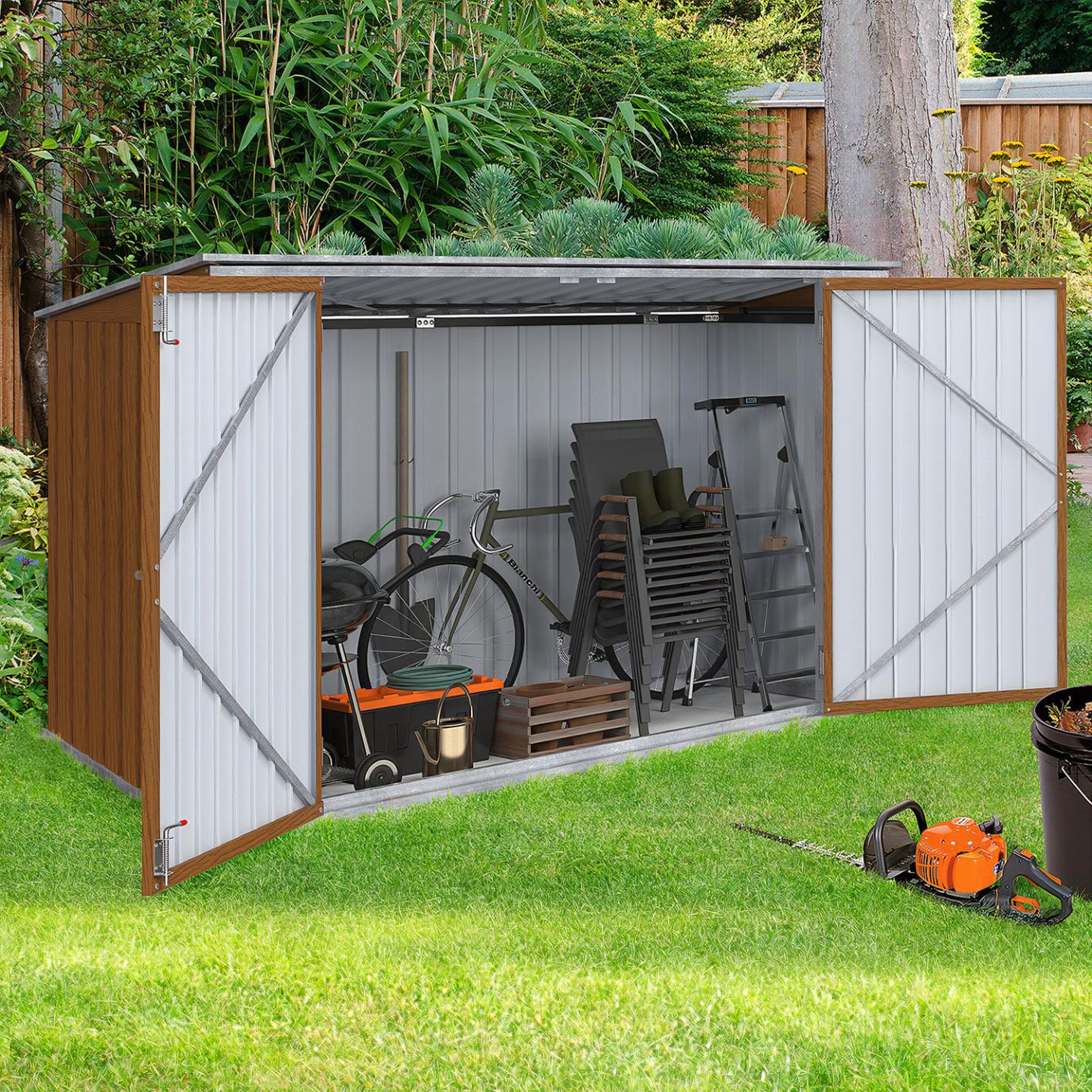 ID MARKET Abri de jardin en métal effet bois verrouillable multi-rangement pour stockage vélos, outils, poubelles