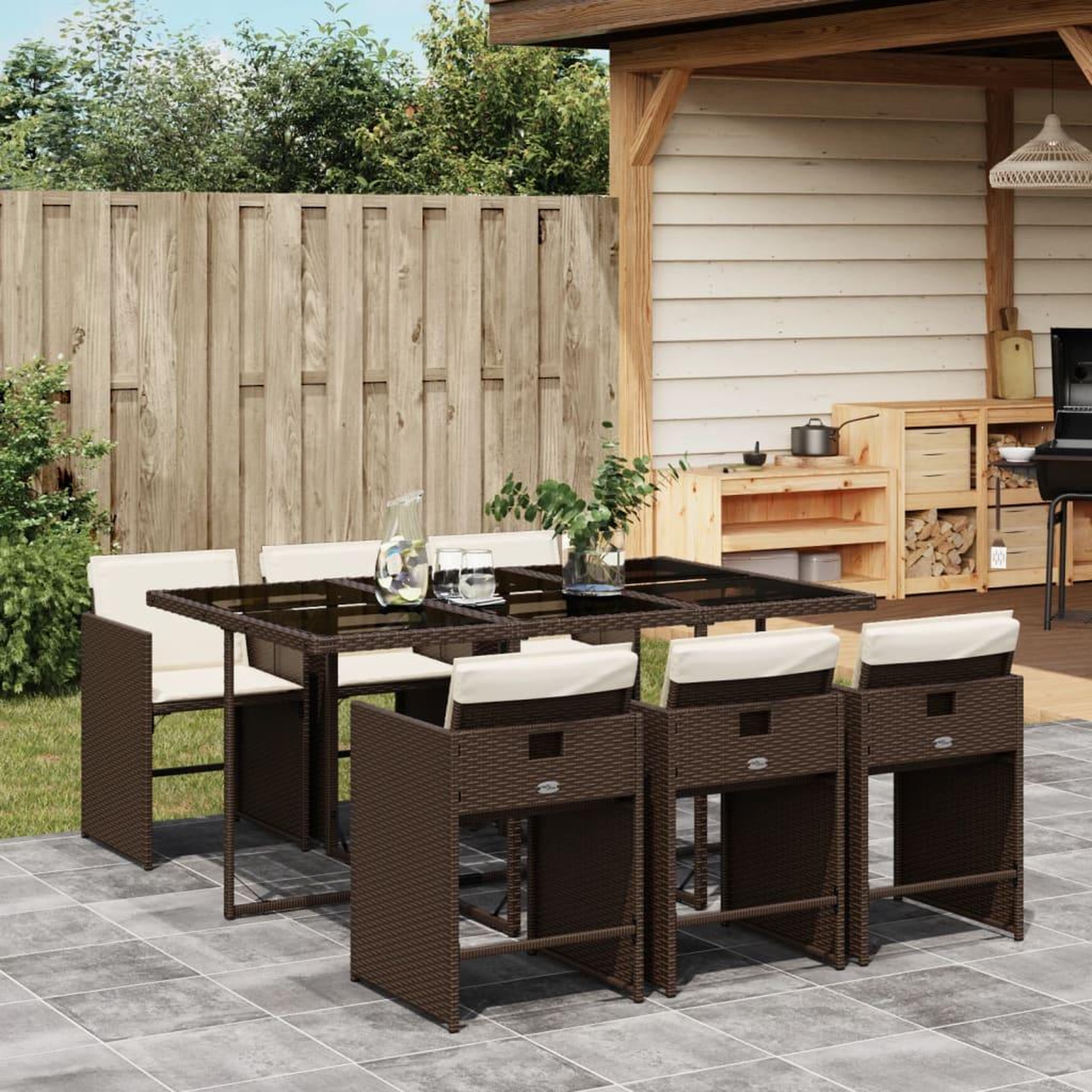 VIDAXL Ensemble a manger de jardin et coussins 7 pcs marron rotin