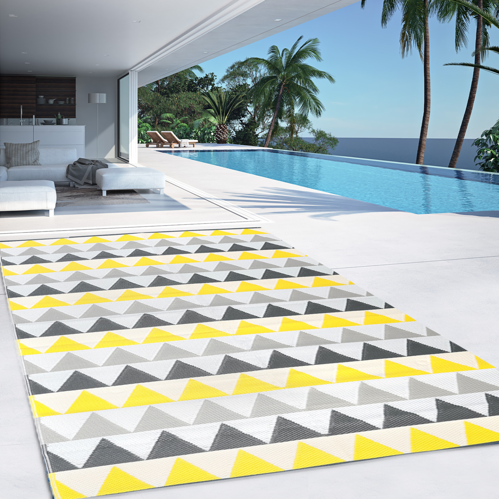 Voir la diapositive 3 : ID MARKET Tapis extérieur sari triangles gris et jaune 270 x 370 cm