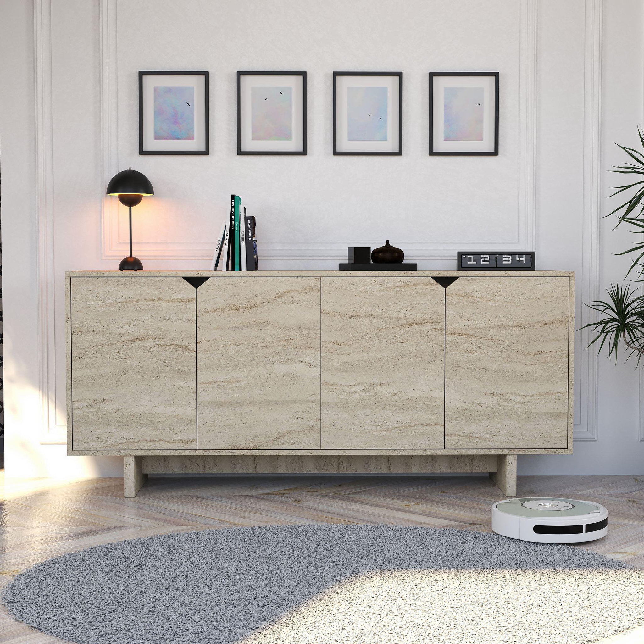 Voir la diapositive 3 : Habitat et Jardin Buffet en bois  turan  - 180 x 40 x 81 cm - travertin