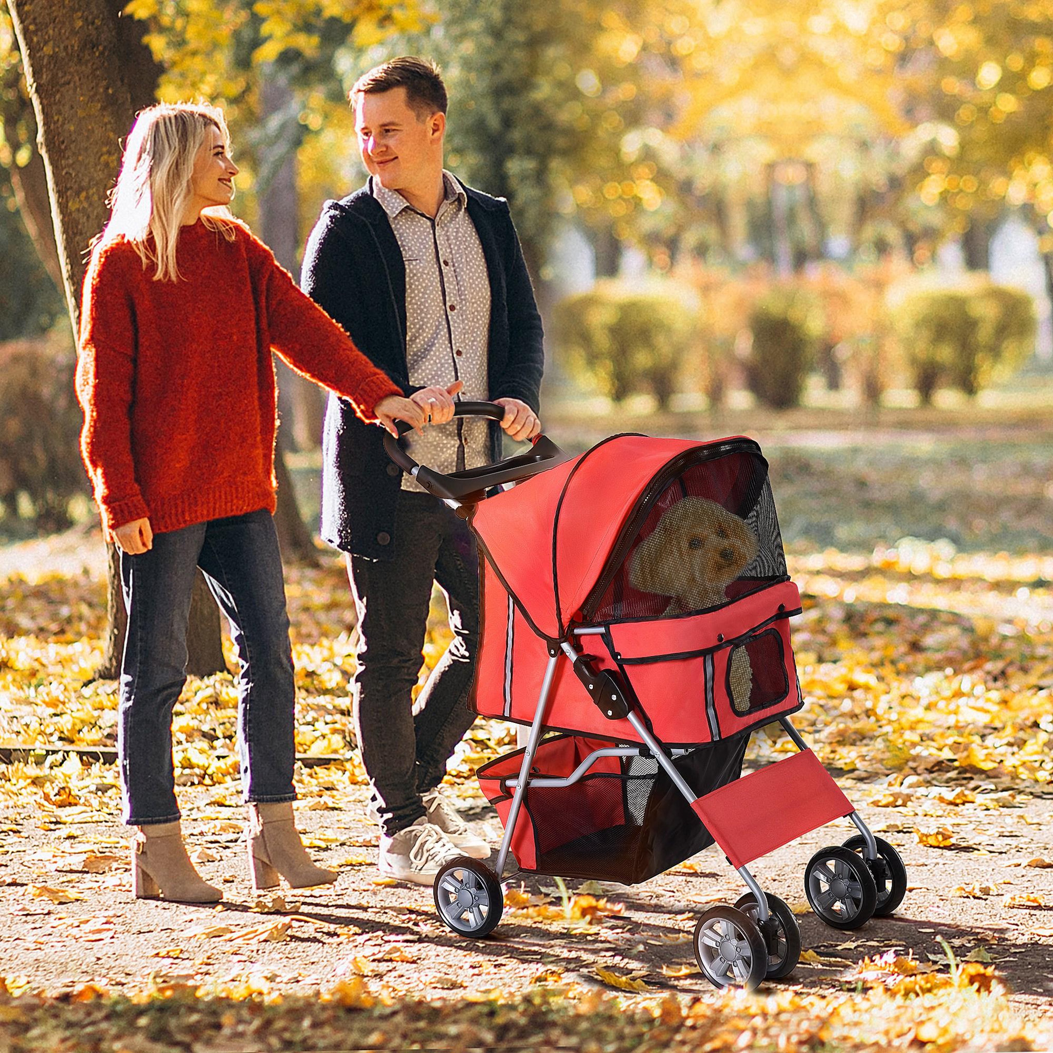 Voir la diapositive 2 : PAWHUT Poussette buggy pliable animaux chariot pliant chien chat porte-gobelet panier de rangement inclus roues avec frein tissu 600d oxford métal rouge