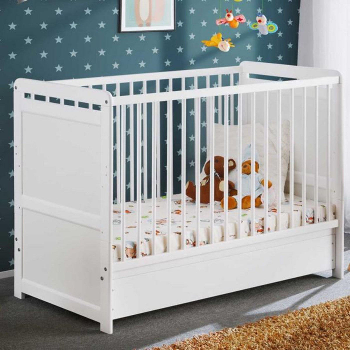 Paris Prix Lit Bébé, Matelas & Tiroir de Lit  Tymek  124cm Blanc