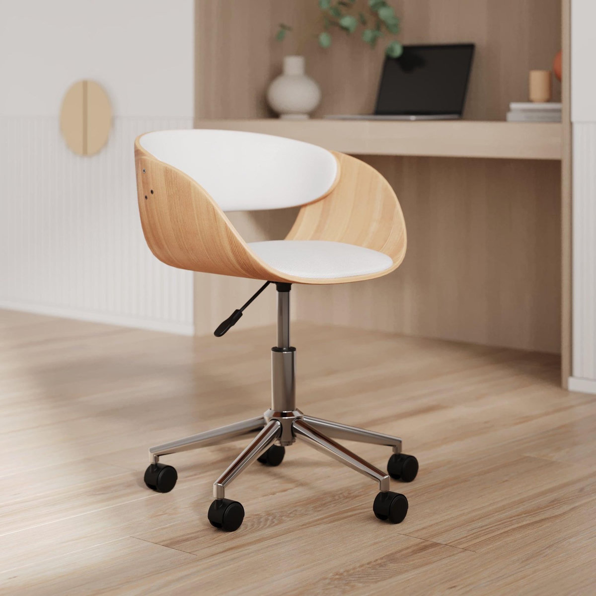 Rendez vous déco Chaise de bureau pivotante sur roulettes en bois et PU blanc-Adelmar