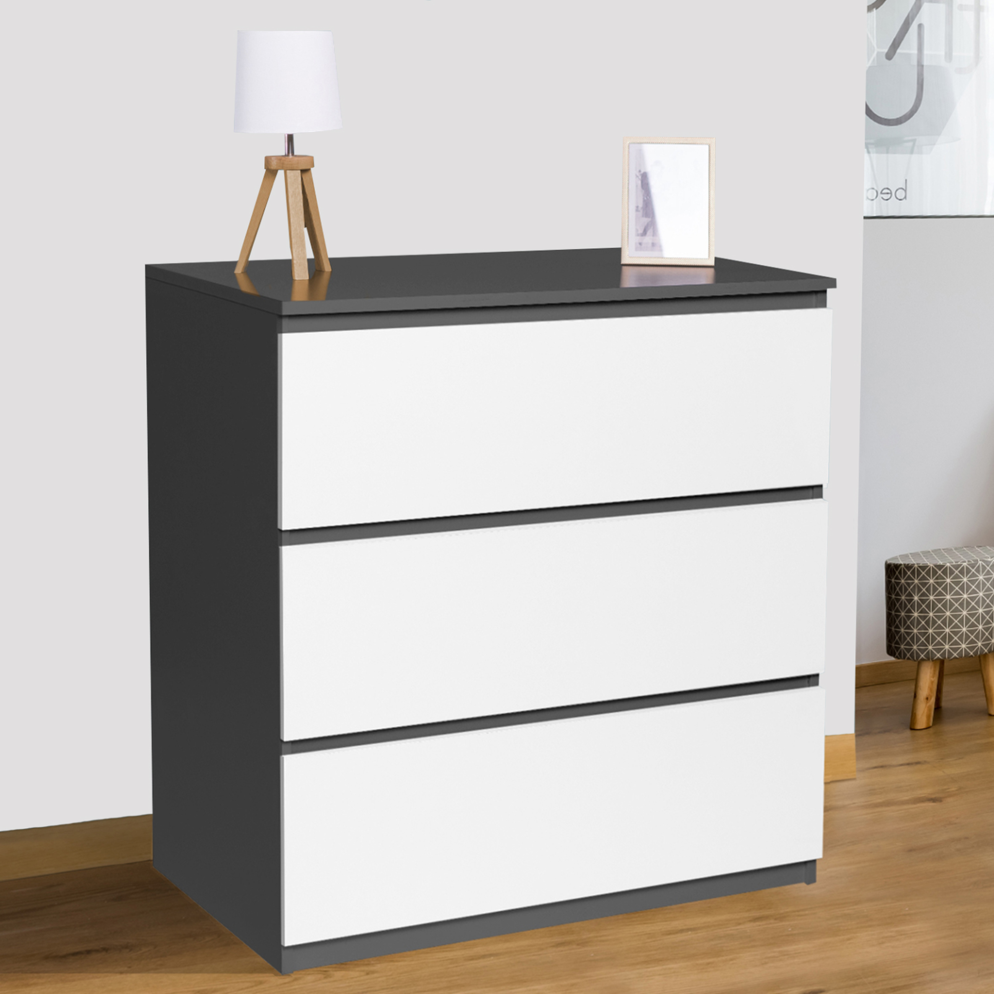 Voir la diapositive 2 : ID MARKET Commode 3 tiroirs tomi 78 cm bois gris et blanc