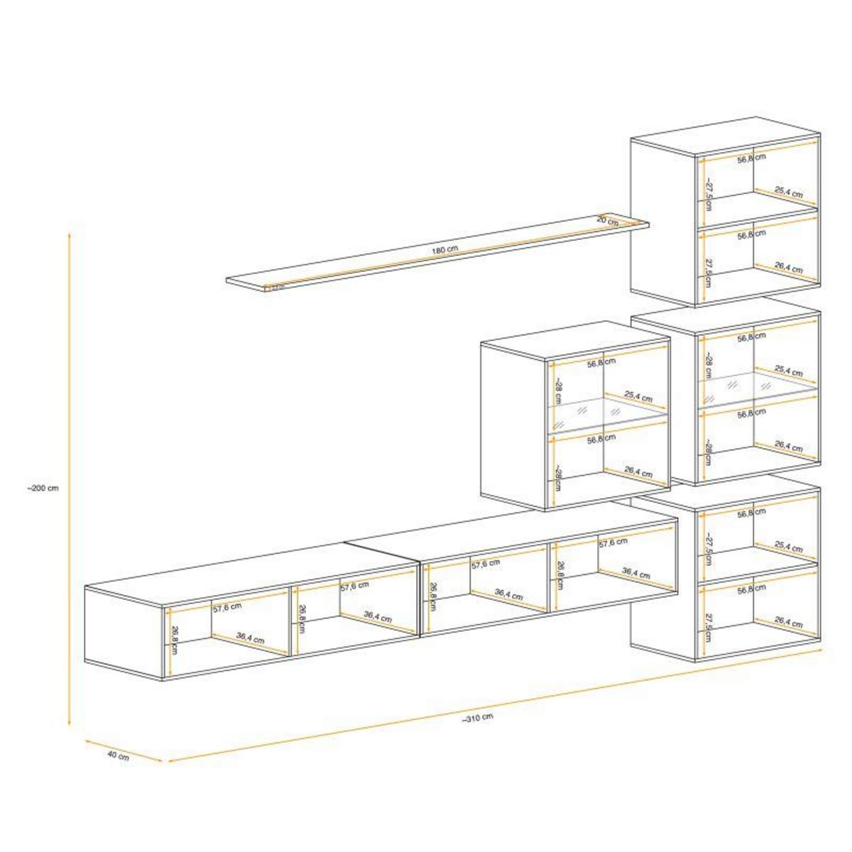 Paris Prix Meuble TV Mural Design  Switch XIX  310cm Naturel & Blanc