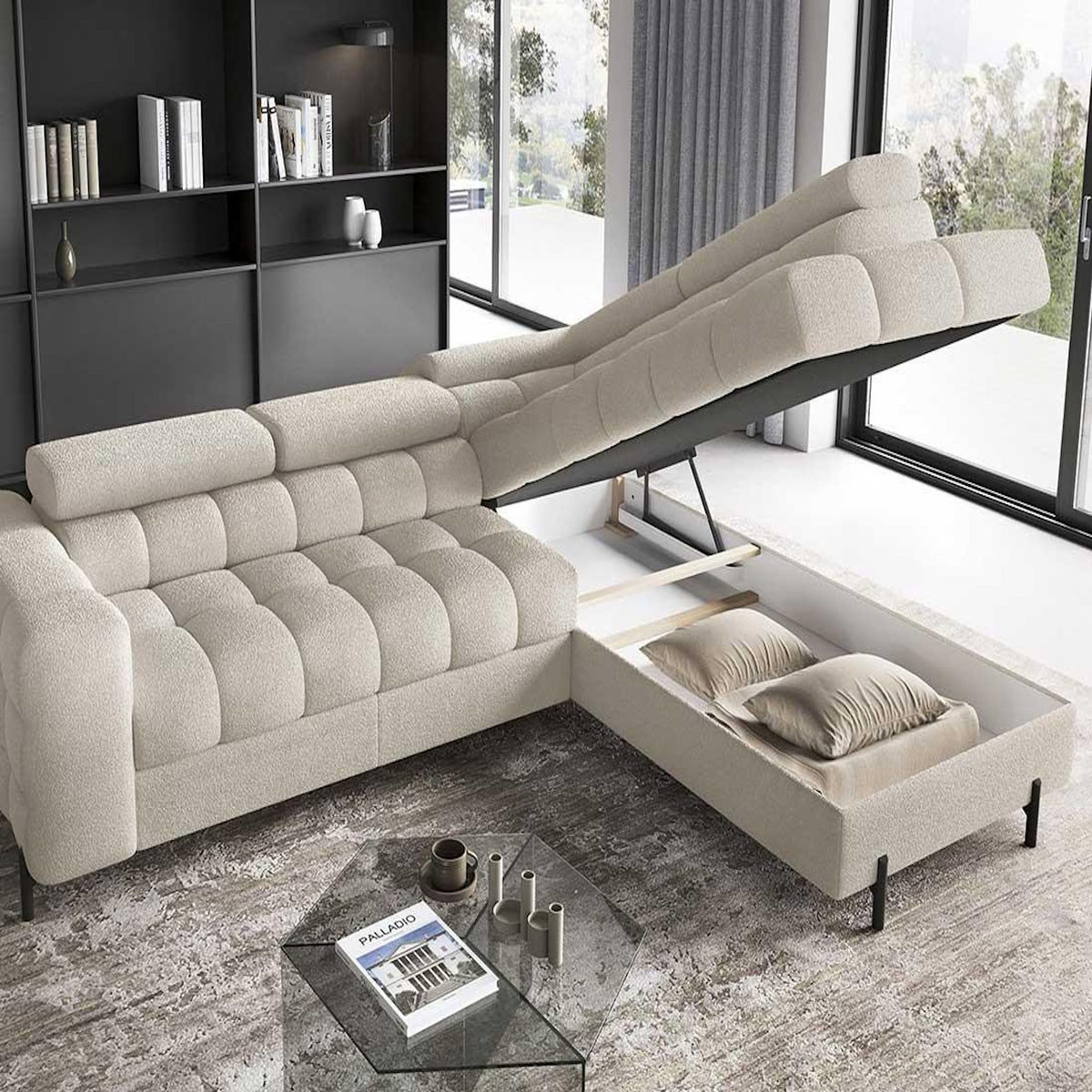 BEST MOBILIER Elisa - canapé d'angle droit 5 places convertible avec coffre et têtières réglables en tissu bouclette