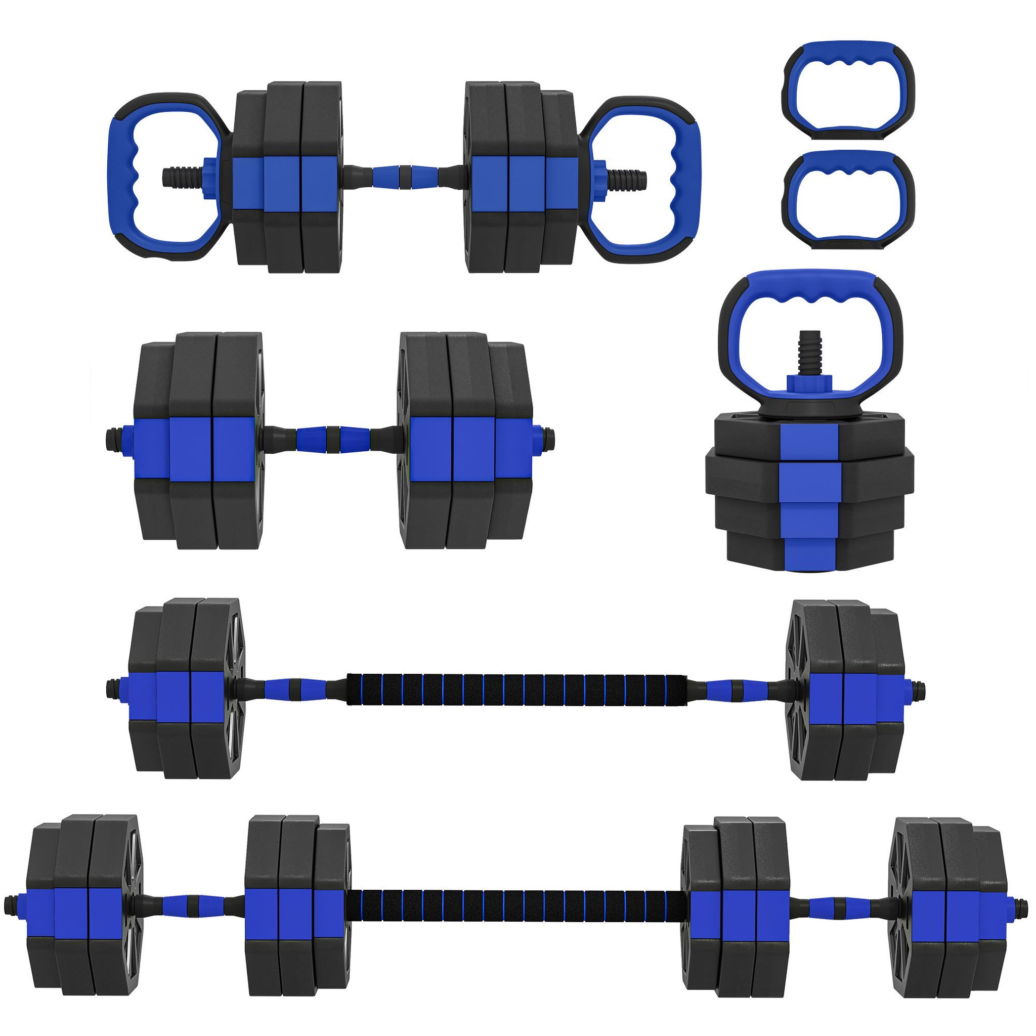 HOMCOM Ensemble d'haltères musculation multifonction 4 en 1 - haltères, kettlebell, push-up support, olympic barre - total 30kg - pvc bleu noir