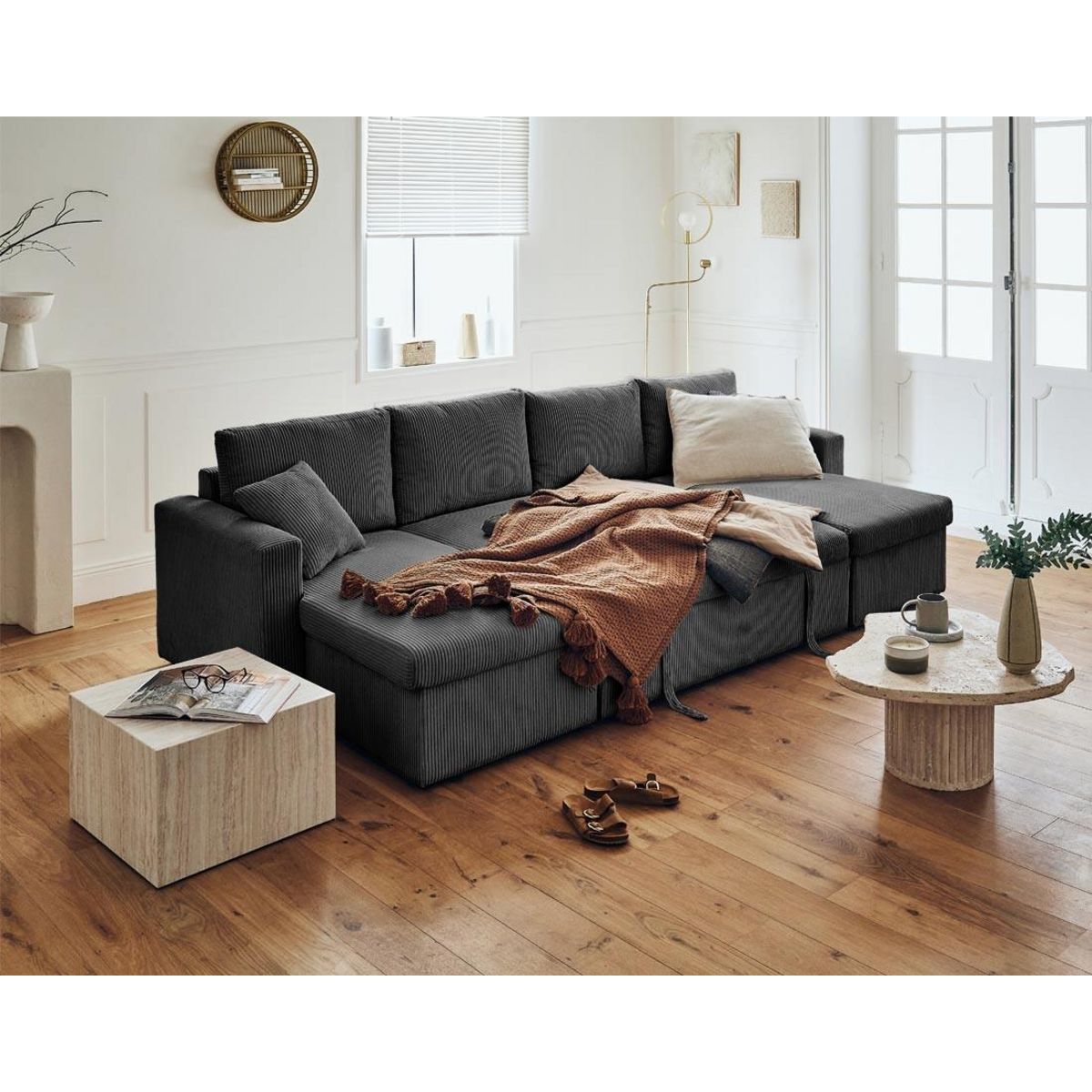 BEST MOBILIER Cyrus - canapé panoramique en u - 7 places - convertible avec coffre - en velours côtelé