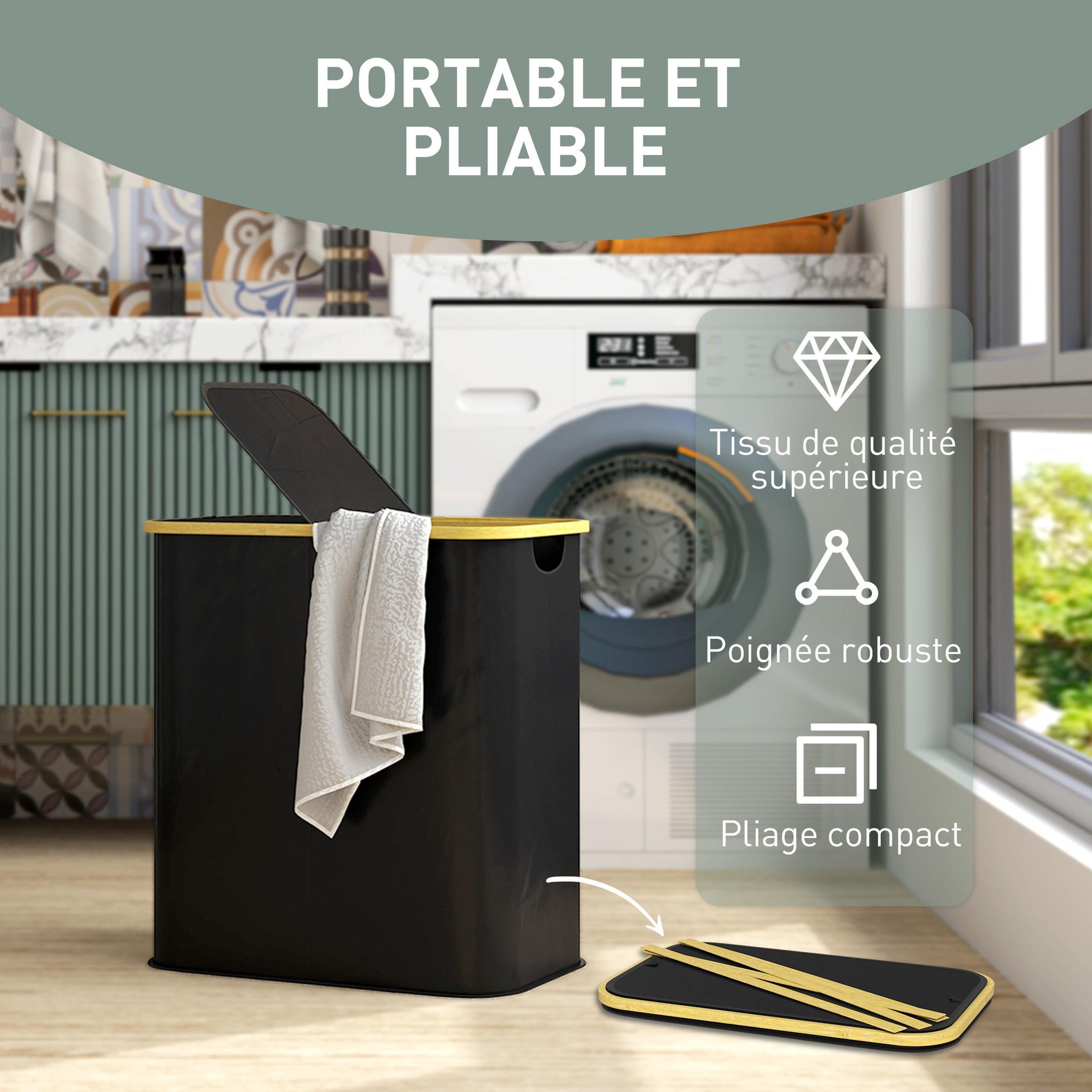 Voir la diapositive 6 : HOMCOM Panier à linge double pliable 80l - corbeille à linge sale avec couvercle et poignées - bambou non tissé noir