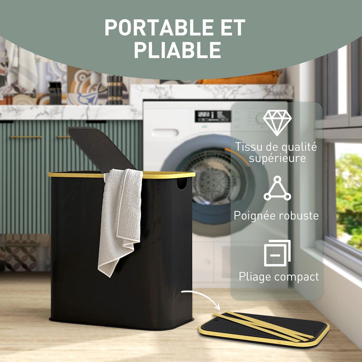 HOMCOM Panier à linge double pliable 80L - corbeille à linge sale avec couvercle et poignées - non tissé noir bambou
