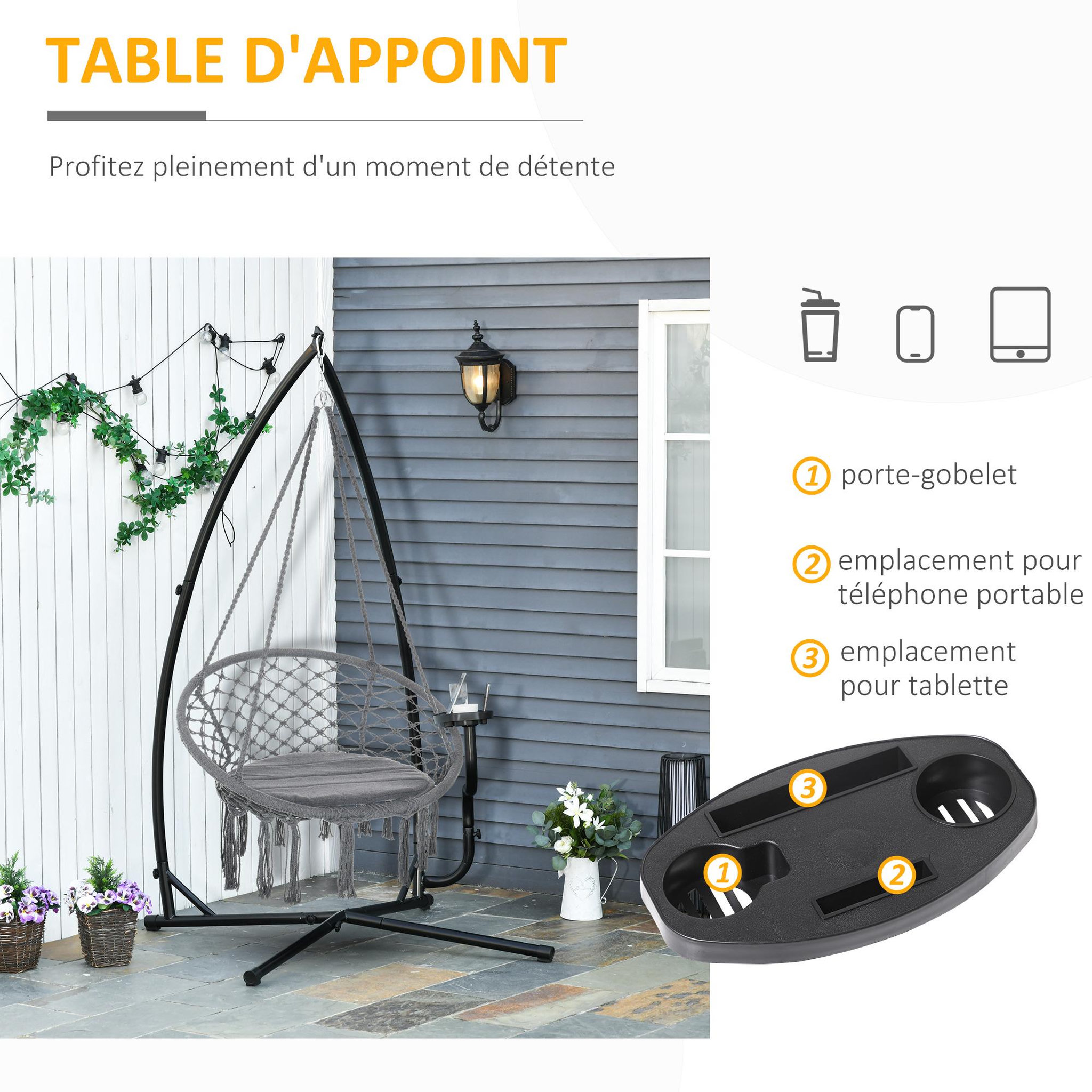 Voir la diapositive 5 : OUTSUNNY Support pour fauteuil suspendu - pied fauteuil suspendu - tablette réglable incluse - charge max. recommandée 120 Kg