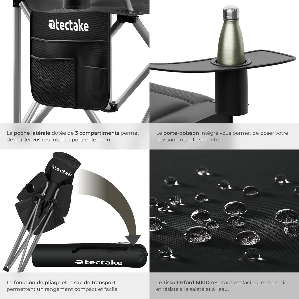 tectake Chaise de camping rembourrée pliable avec sac de transport inclus noir