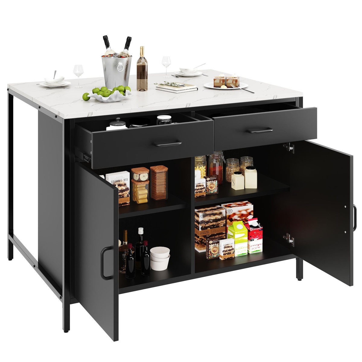 MERAX Ilot de cuisine 2 portes 2 tiroirs coloris noir mdf