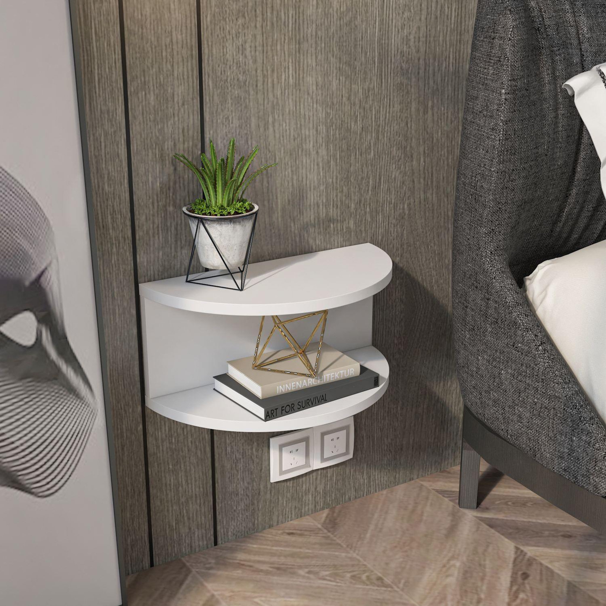 Voir la diapositive 5 : TOILINUX Table de chevet suspendue forme demi lune CAMELIA - Blanc