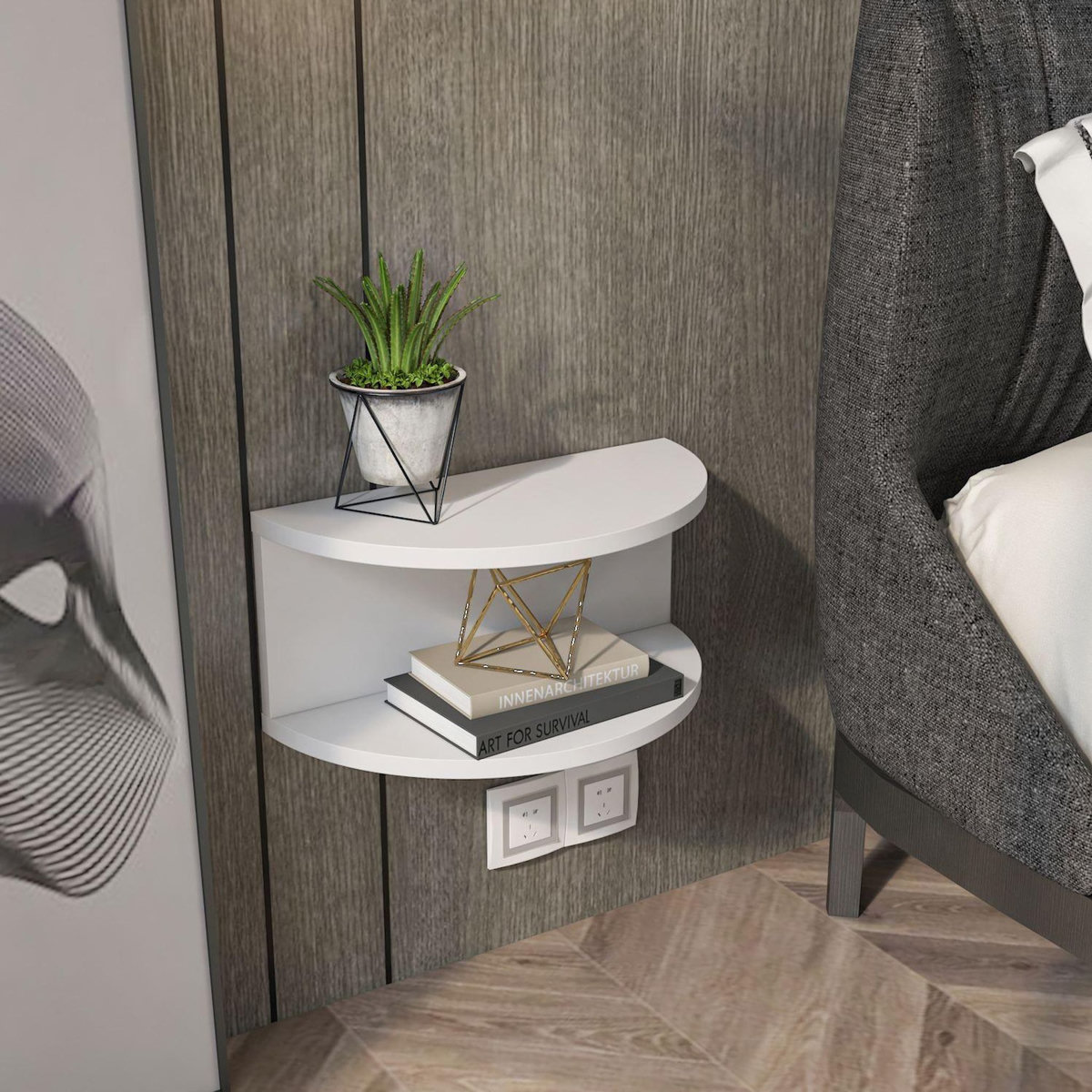 TOILINUX Table de chevet suspendue forme demi lune CAMELIA - Blanc