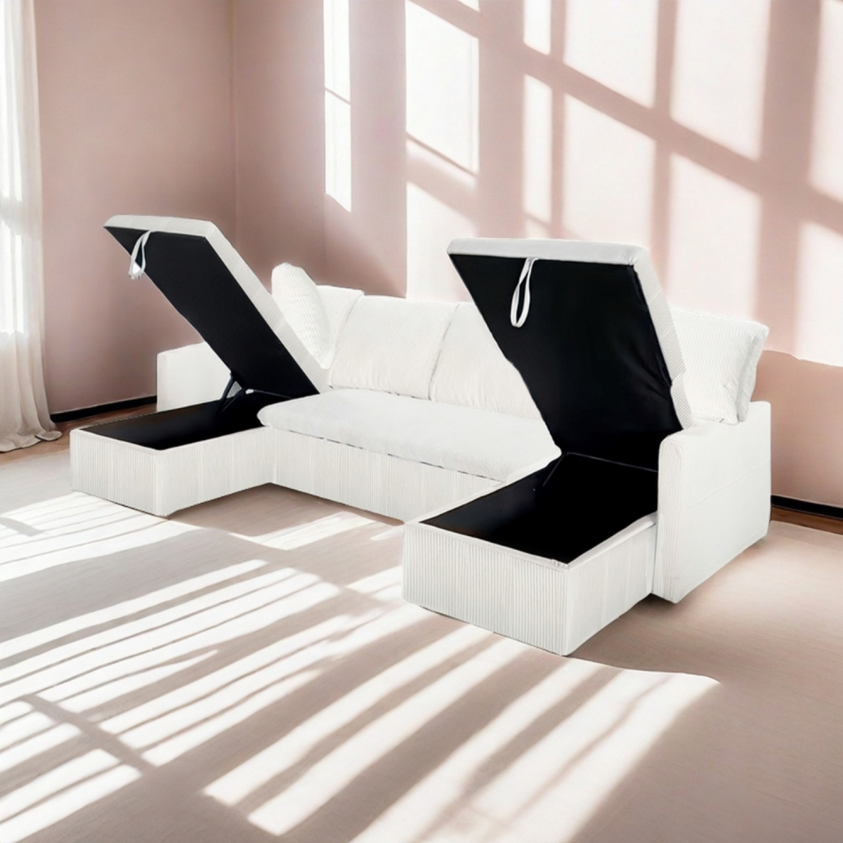 CONCEPT USINE Canapé panoramique convertible 4 places en velours côtelé avec coffre - beige MAHÉ