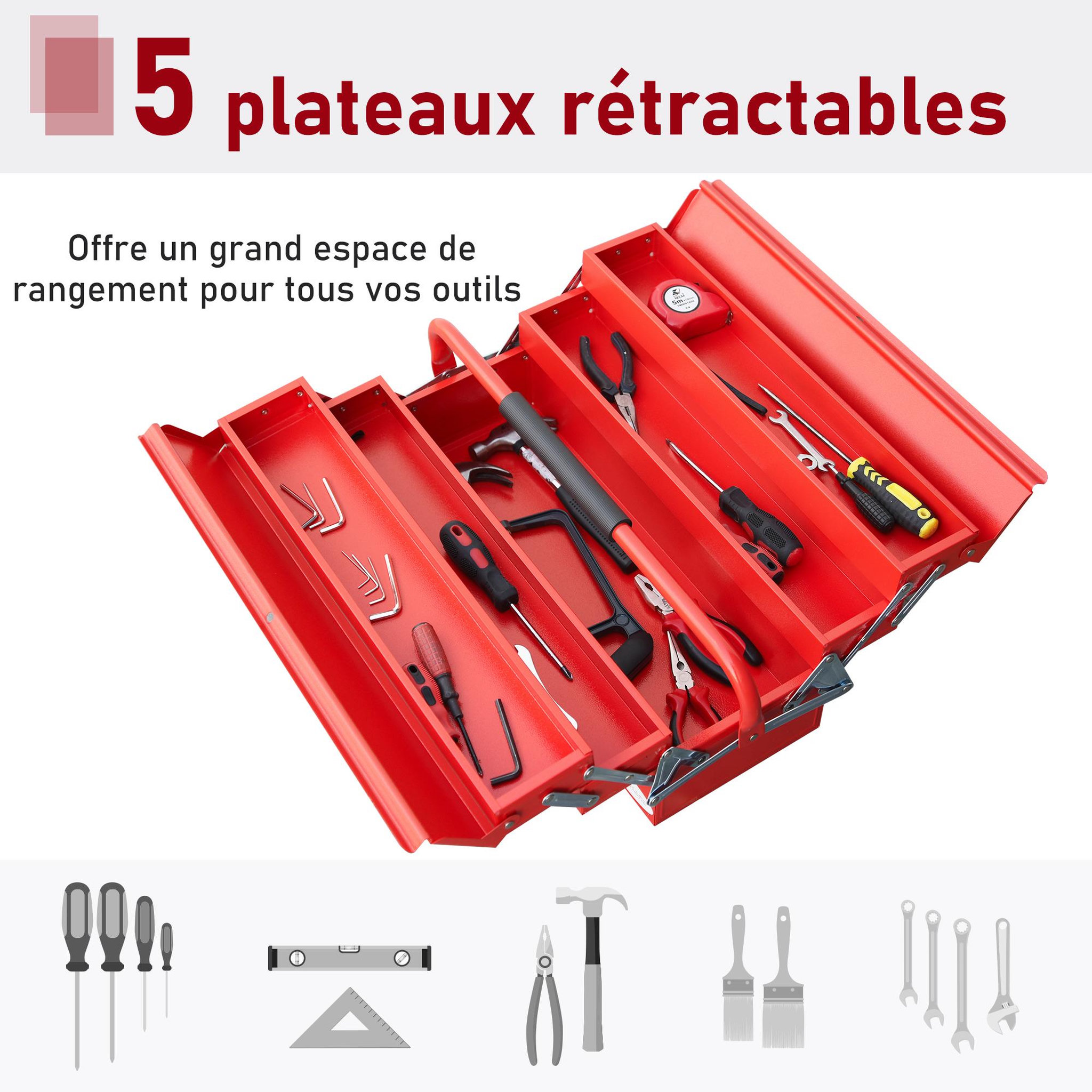 Voir la diapositive 5 : HOMCOM Homcom boite à outils métallique - coffret à outils - caisse à outils 3 niveaux 5 plateaux rétractables - tôle acier rouge