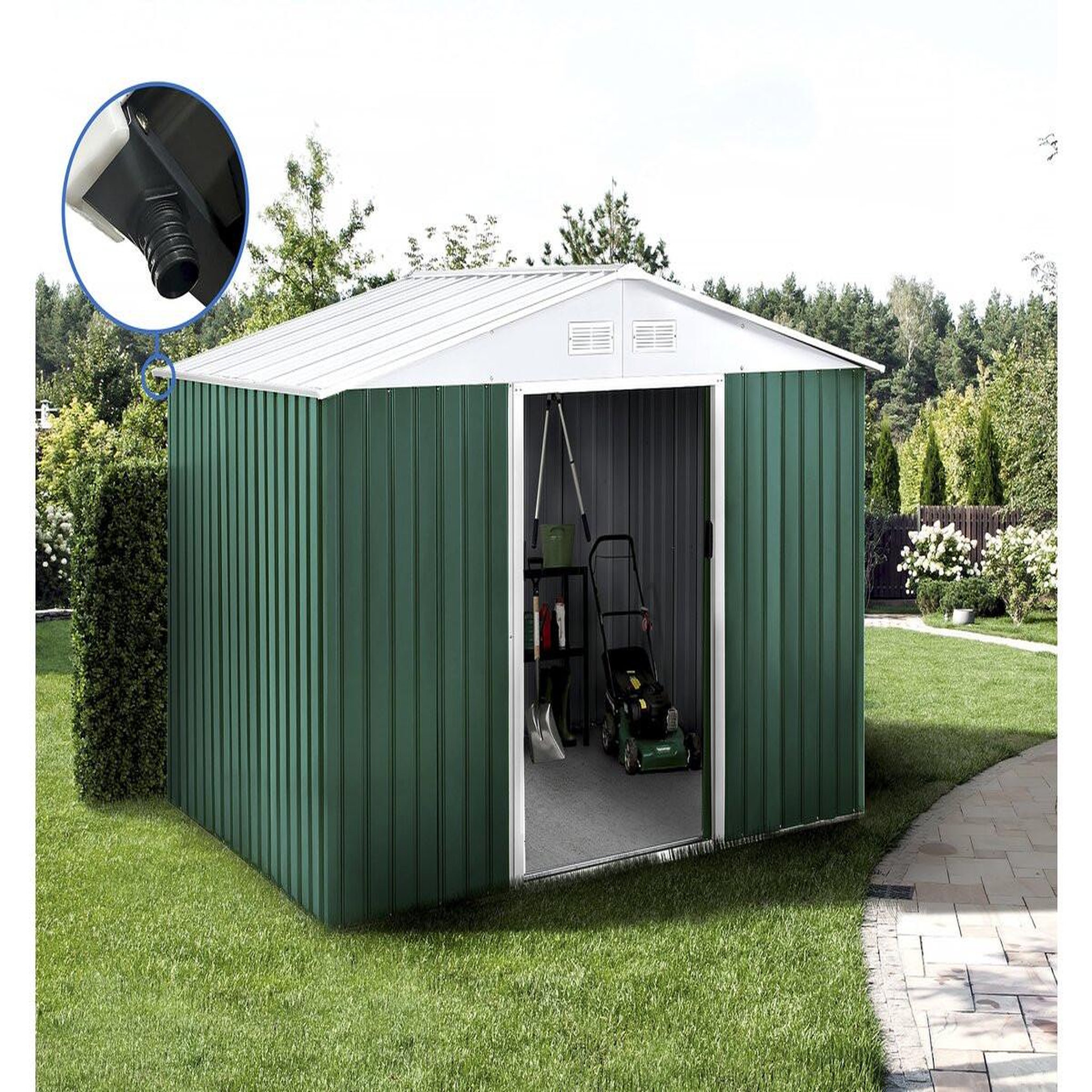 Voir la diapositive 2 : Habitat et Jardin Abri de jardin métal -  rosas   - 7,06 m² avec gouttière - vert