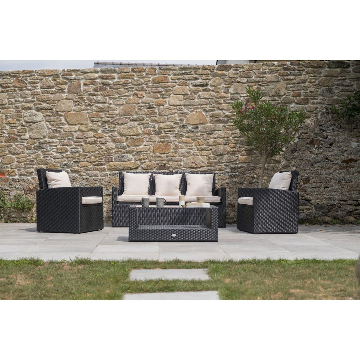 DCB GARDEN Salon bas de jardin - 5 places - Résine tressée - Noir - CONFORT FIDJI