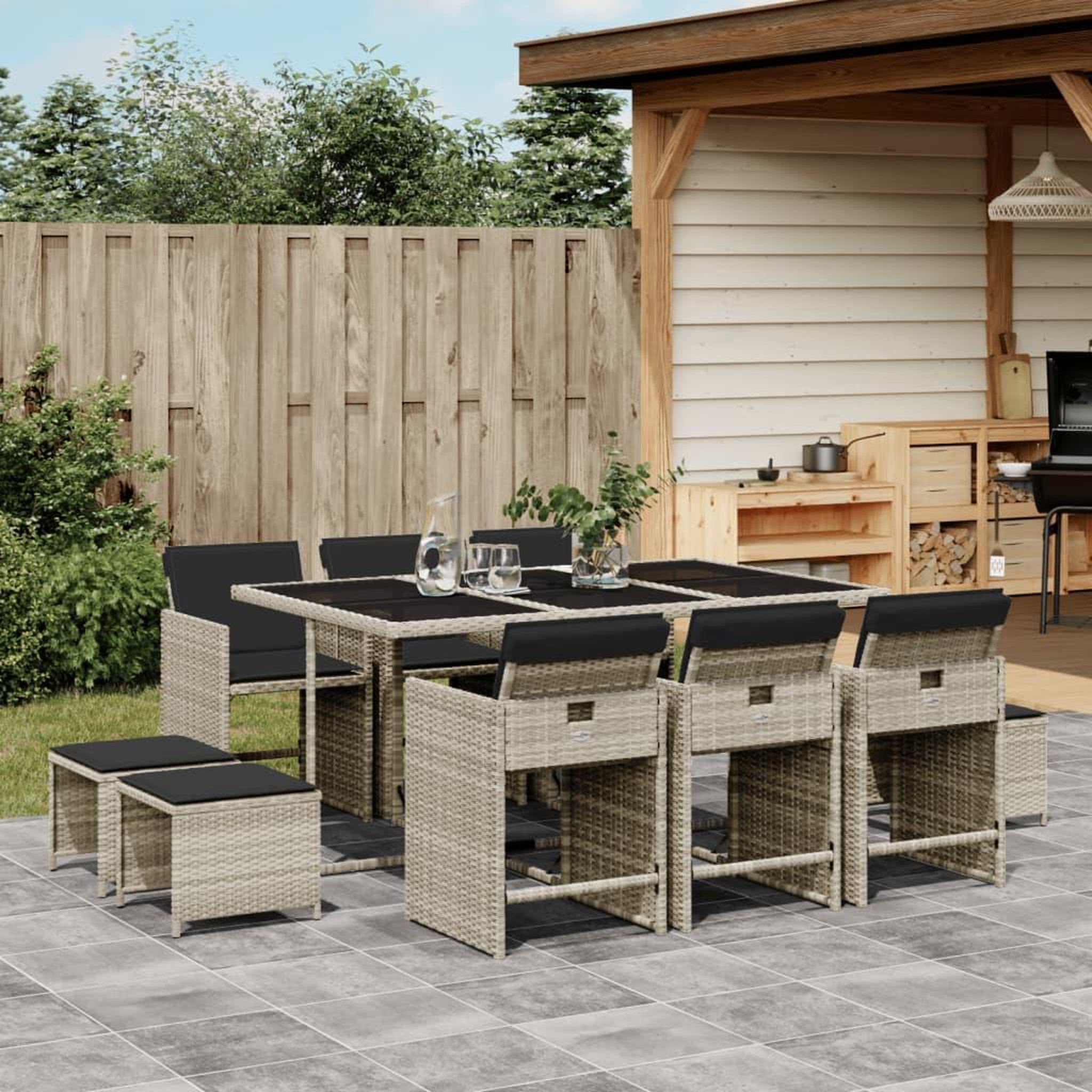 Voir la diapositive 1 : VIDAXL Ensemble a manger de jardin 11pcs avec coussins gris poly rotin