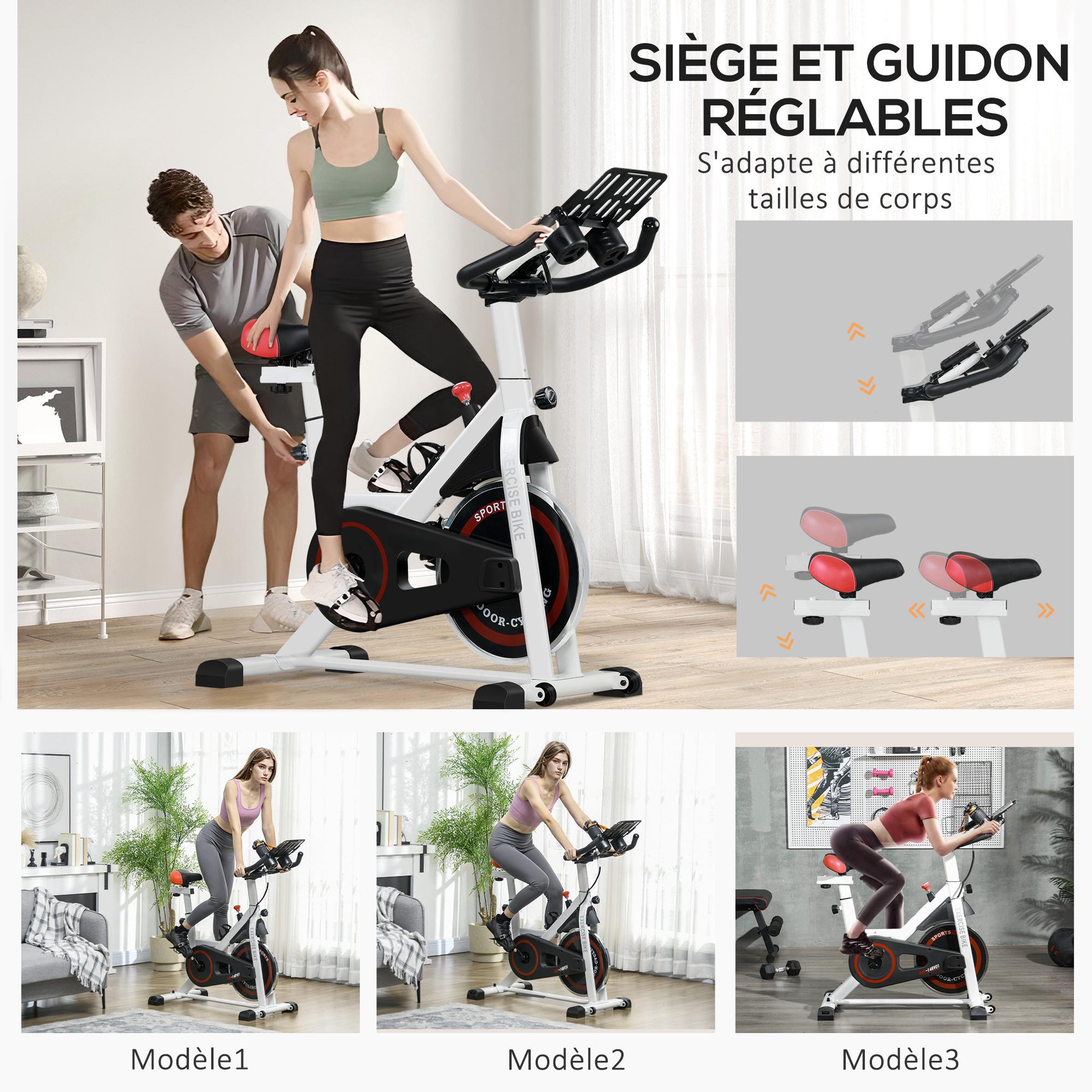 Voir la diapositive 6 : HOMCOM Vélo d'appartement avec écran LCD multifonction vélo biking cardio-training selle et guidon réglables volant inertie 8 Kg acier blanc